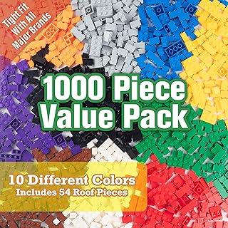 SCS Direct Building Block Bricks- Set of 1000 Pc Bulk Set-10 with 54 Roof Pieces- Compatible & Tight Fit with All Major Brands- Great for Activity Tables, Creativity & School Projects
