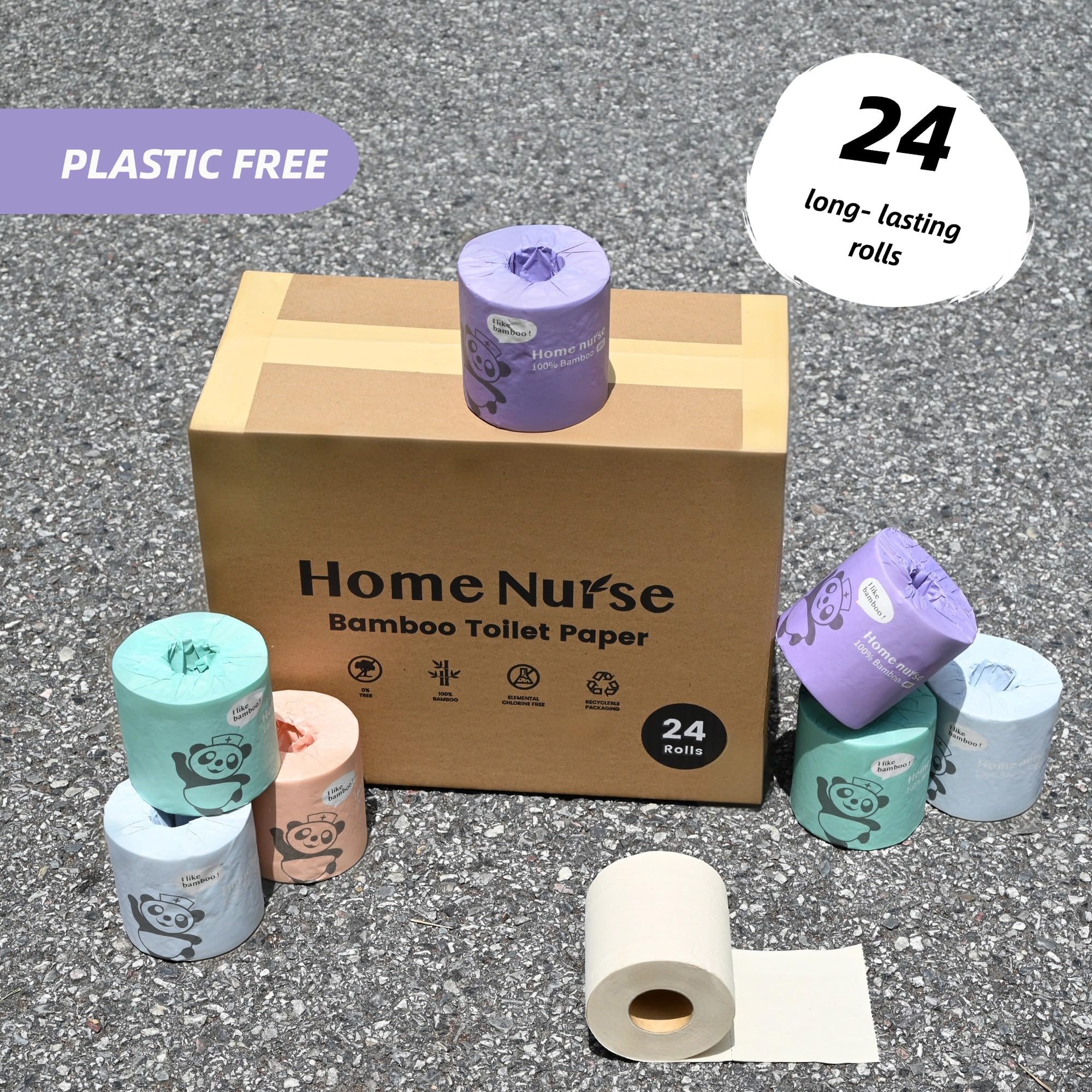 Home Nurse Bambusowy 4-warstwowy papier toaletowy, styl makaronowy, bezzapachowy i niebielony, 24 rolki, mocny i miękki, szybko rozpuszczający się, bez chemikaliów, bez drzew i bez plastiku,