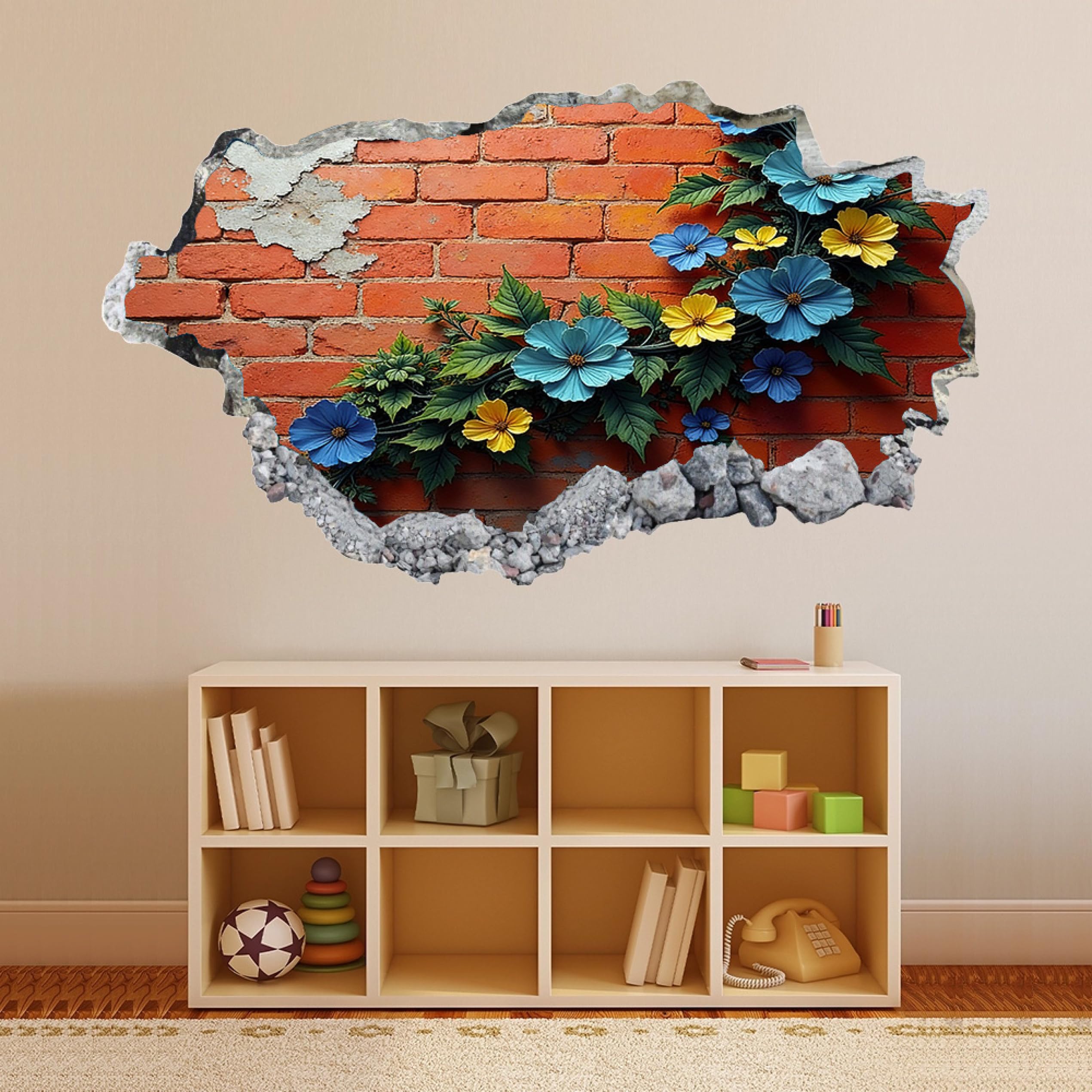 Wandtattoo 3D Wandaufkleber Wandsticker Wanddeko Blume Blau Gelb für Wohnzimmer Schlafzimmer Flur Kühlschrank 58x101cm