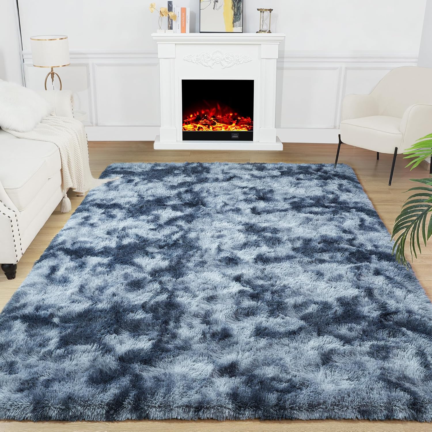 Noahas Fuzzy Rugs for Bedroom,4x6 TieDyed Blue and Grey Area Rug,Fluffy Bedroom