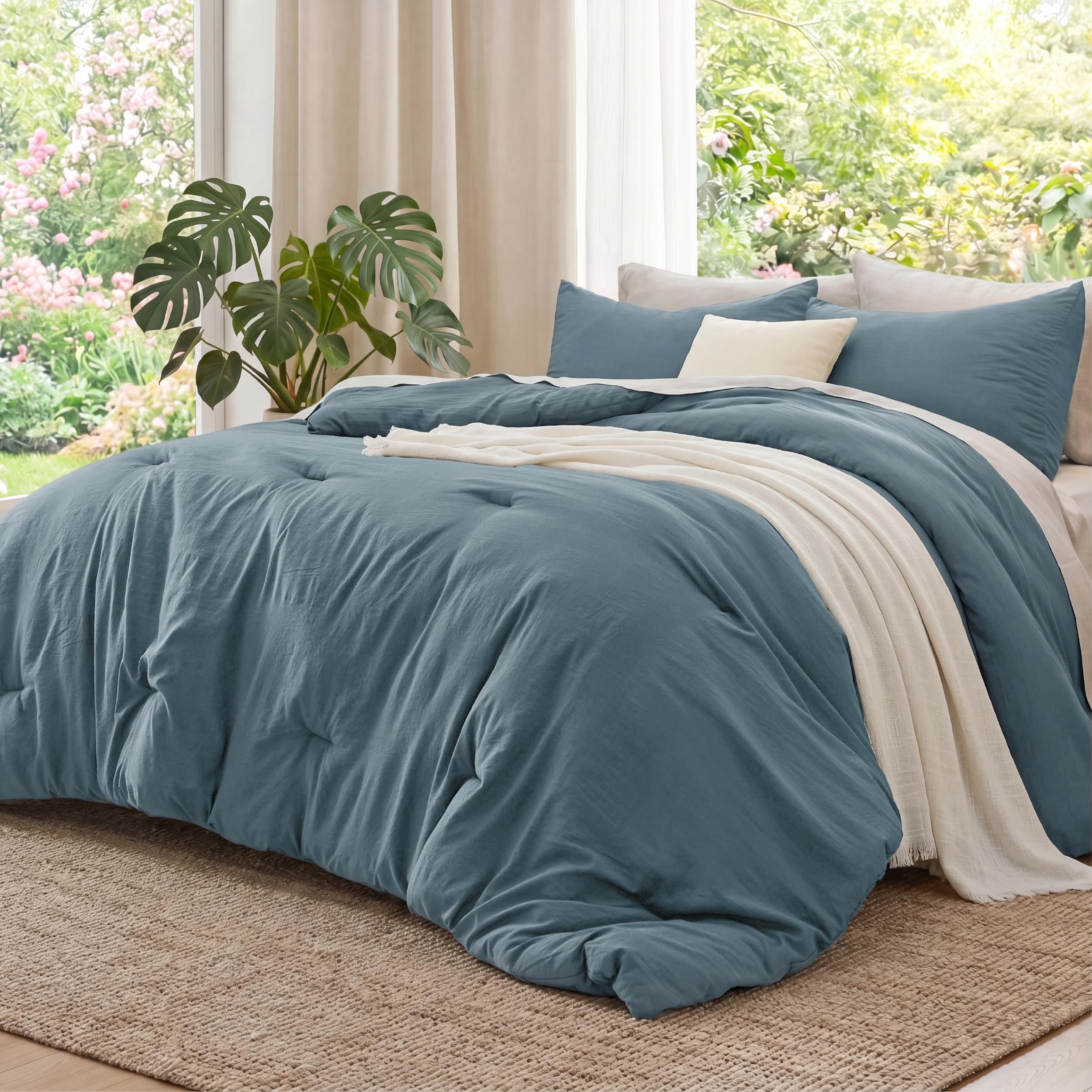 Photo 1 of Bedsure Queen Comforter Set, Slate Blue Soft Prewashed Bedding for All Seasons, 3 Pieces GentleSoft Bed Set, 1 Lightweight Comforter (90"x90") and 2 Pillowcases (20"x26")