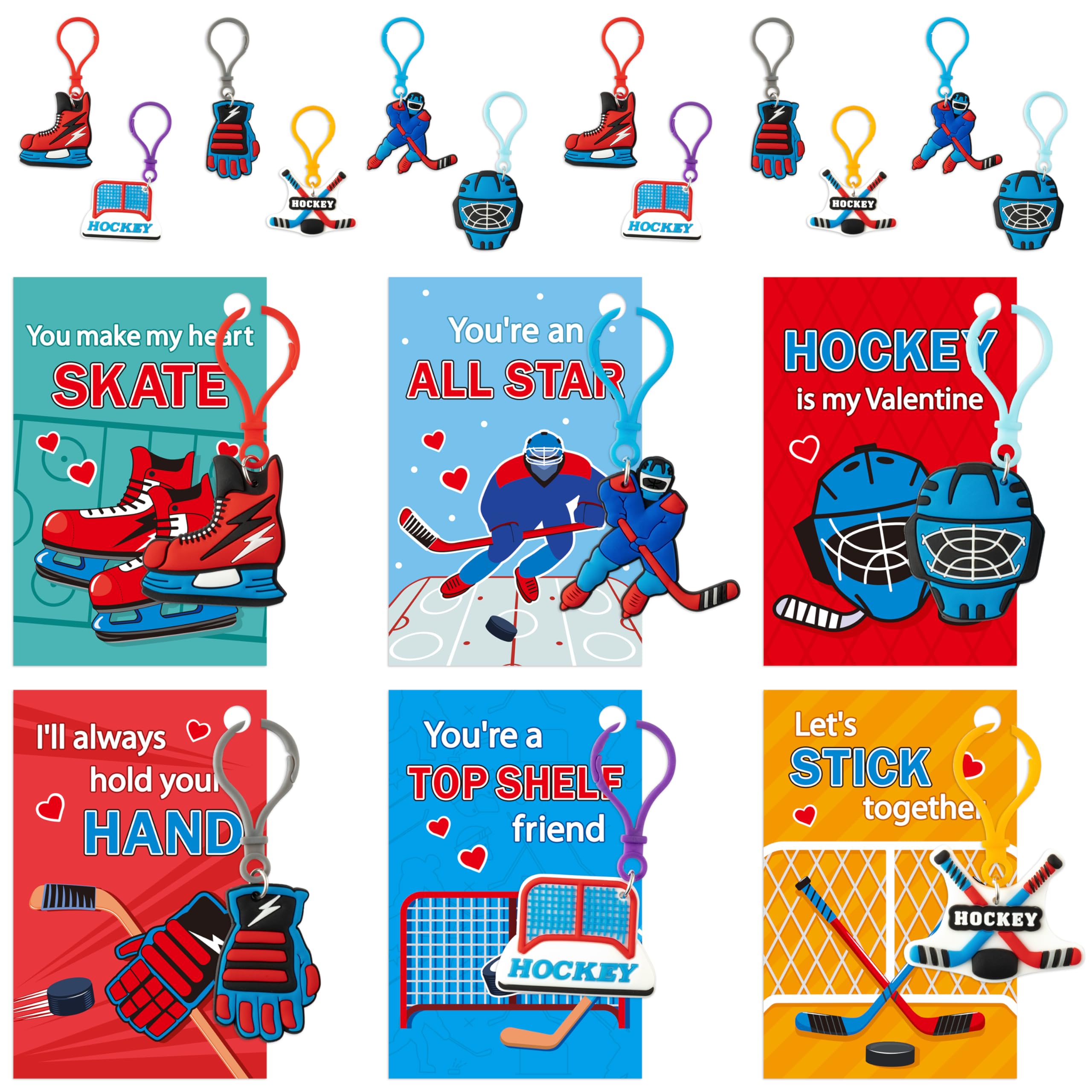 Haooryx Valentine's Day Gift Card with Hockey Keychain - 30 Pack Cute Hockey Keychain with Greeting Card Sport Key Ring for Kid Boy Classroom Exchange Gift Student Reward Sport Game Prizes Party Favor