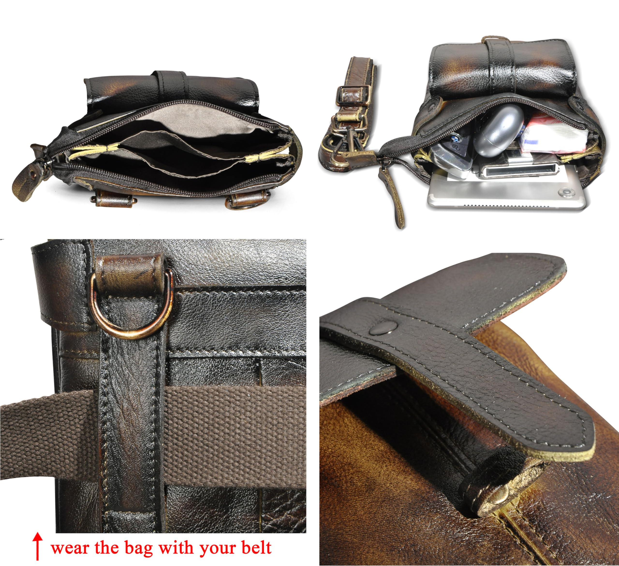 Le'aokuu Uomini Vera Pelle Viaggio Hip Bum Marsupio Fanny Belt Borsa a tracolla piccola 8711 (8711 Marrone scuro)