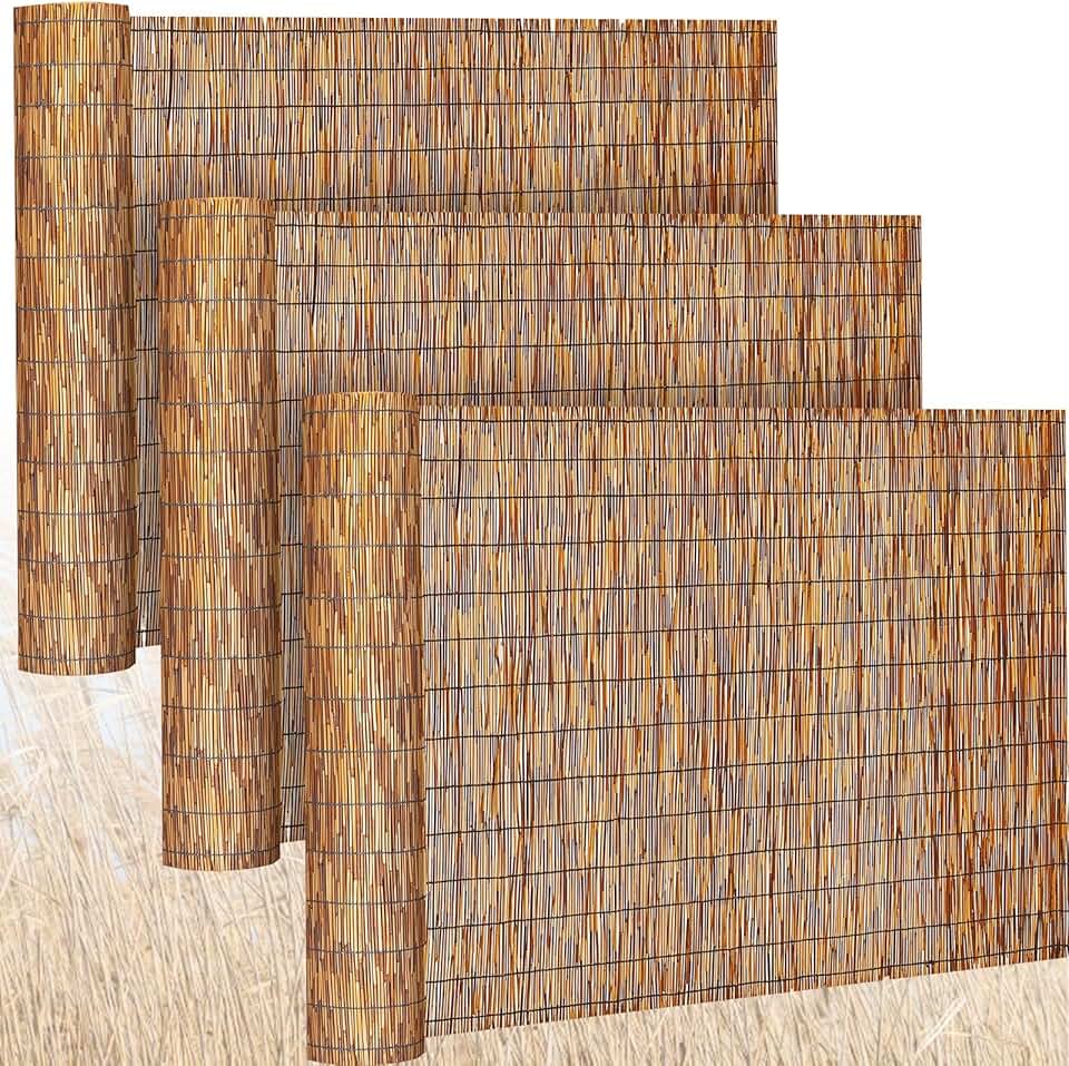 Barydat 3 Pcs 4 x 16.4 ft Reed Fence Roll, 85% Shade Bamboo Privacy Screen, Natural Decorative Reed Fencing for Outdoor Garden Backyard Patio Balcony