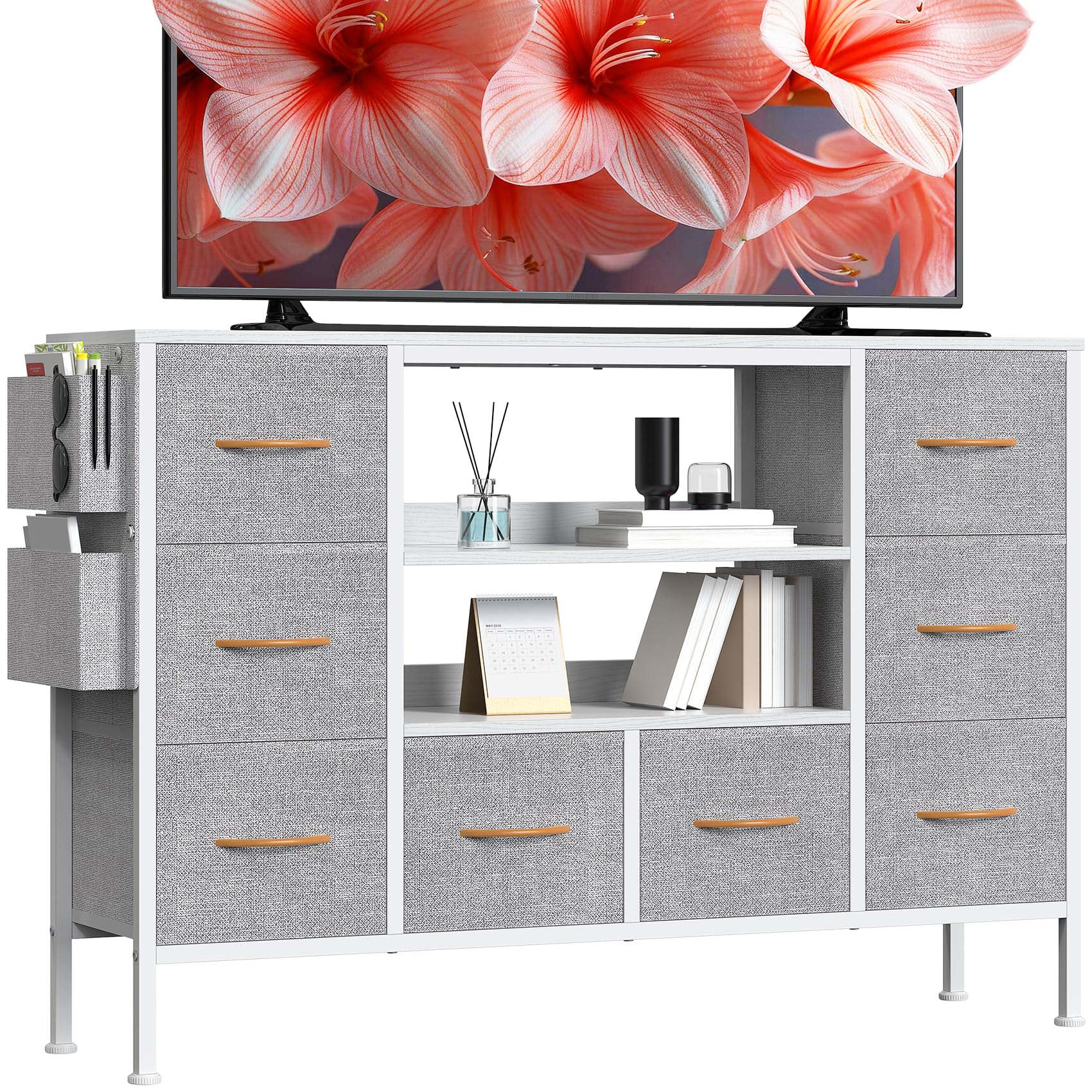 GoaHi 8-Drawer Fabric Chest, TV Stand with 50kg Weight Capacity, 2 Open Shelves & Side Pockets, Bedroom Storage Unit with Adjustable Feet & Anti-Tip, for Living Room, Hallway, Light Grey
