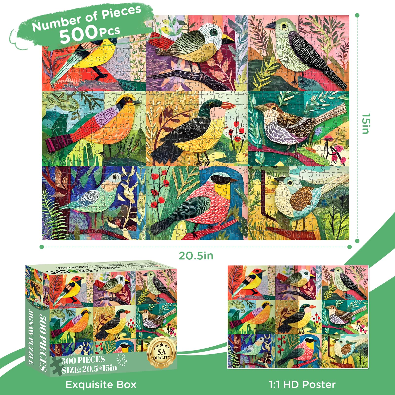 Puzzle de 500 pièces pour adultes, puzzle coloré en forme d'oiseaux pour adultes et personnes âgées, puzzle avec lettres au dos, s'emboîtent parfaitement sans poussière, cadeaux de jeu d'activités