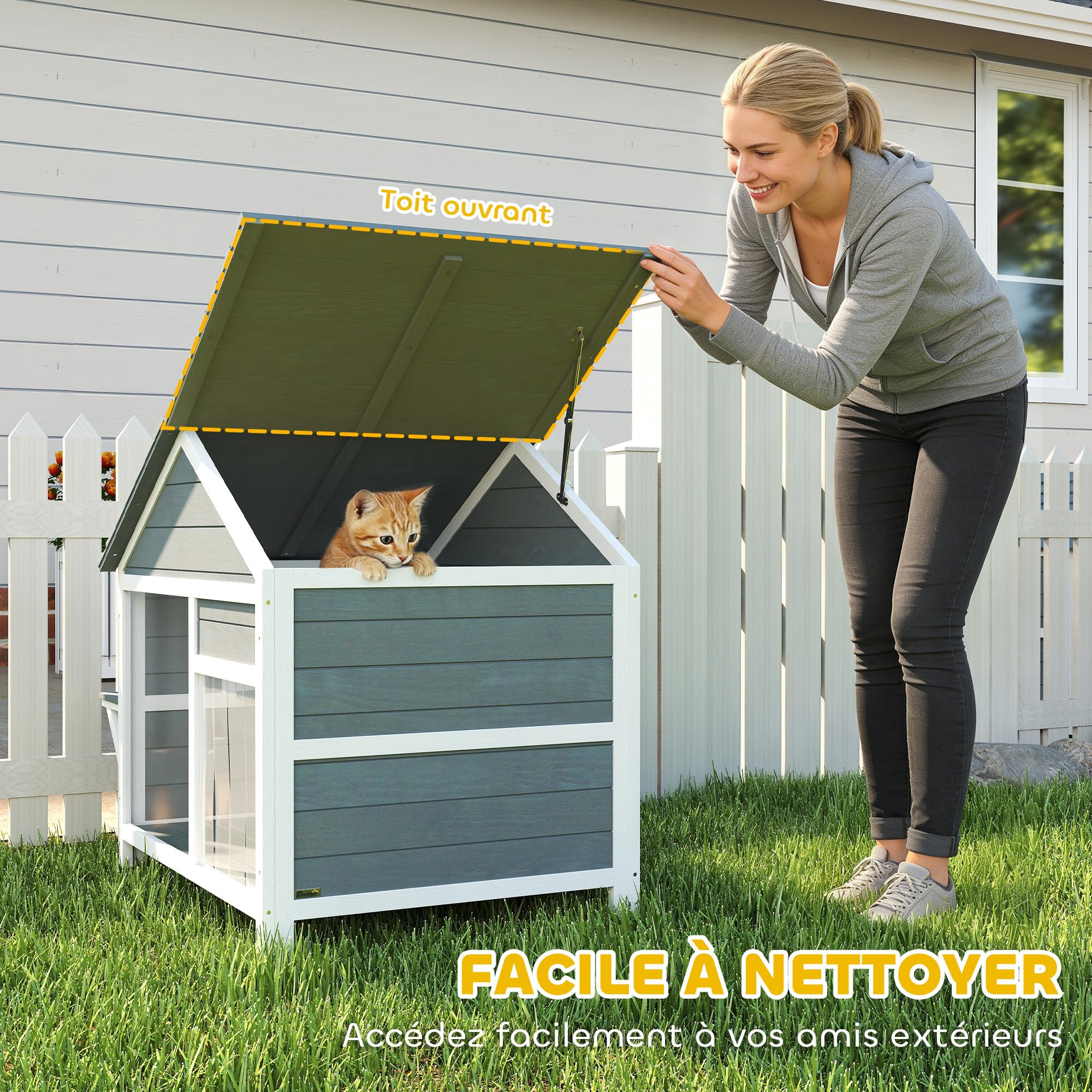 PawHut Casa per gatti in legno resistente alle intemperie con tetto apribile, nicchia esterna con finestra, porta a lamelle e piattaforma, grande villa gatto a doppio piano, 101 x 72,5 x 81 cm, grigio
