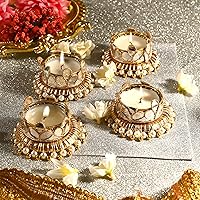 Vista 2 de Juego de 4 anillos de yute con cuentas Moti en T, soporte para velas, luces indias tradicionales, decoración de festivales, accesorios