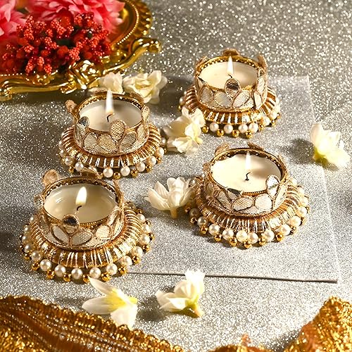 Miniatura 2 de Juego de 4 anillos de yute con cuentas Moti en T, soporte para velas, luces indias tradicionales, decoración de festivales, accesorios