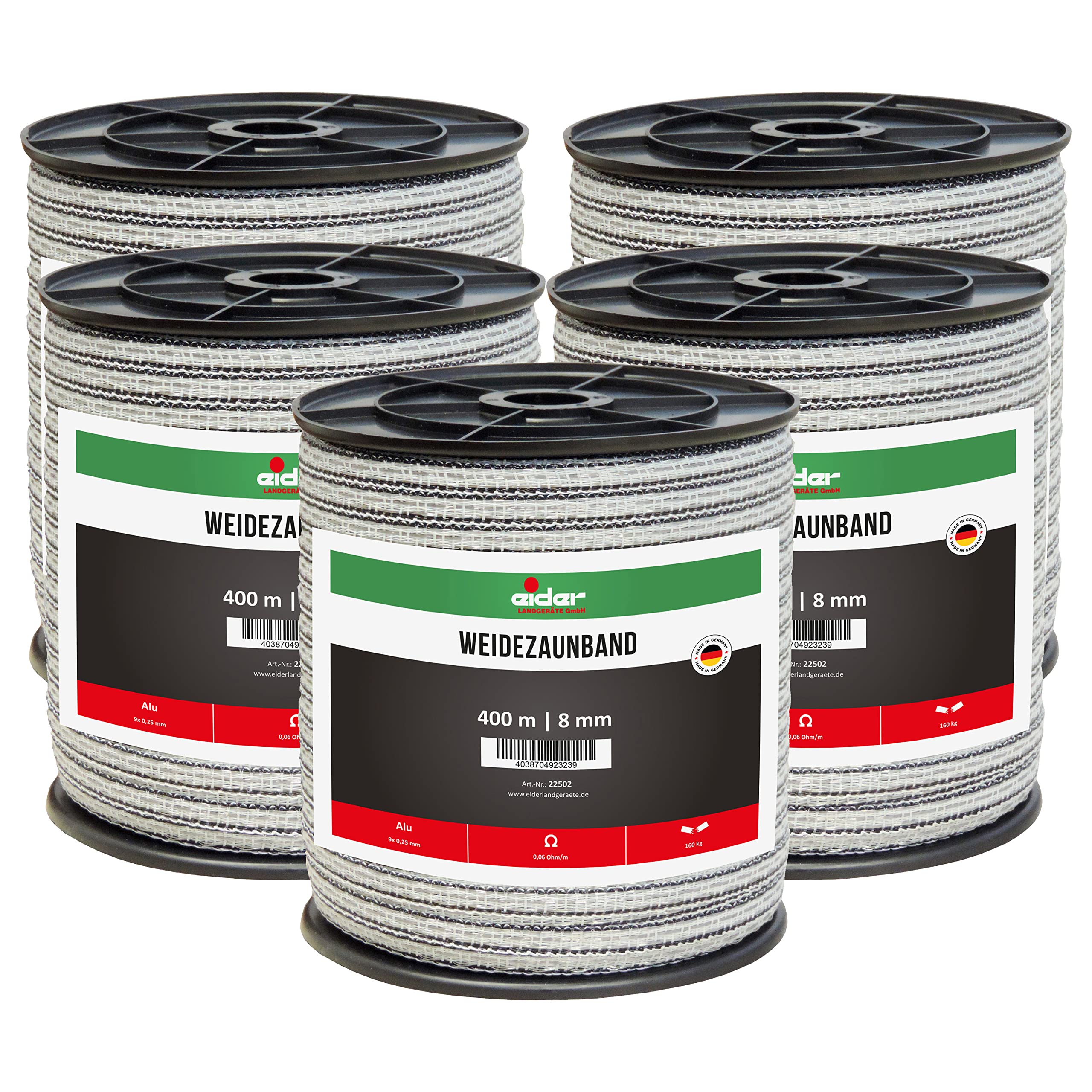 Eider Weidezaunband, 8 mm, weiß/schwarz - 400 m Rollen - sehr Gute Leitfähigkeit von nur 0,06 Ohm/m - Made in Germany (5 Rollen)