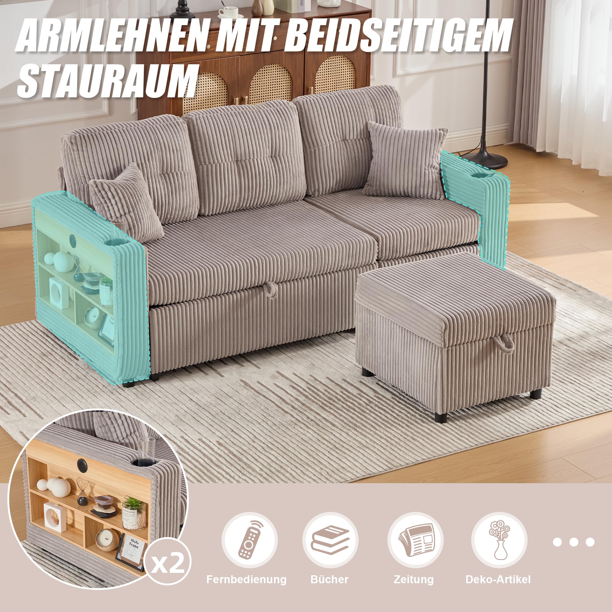Divano in Velluto a Coste con Contenitore e Letto estraibile, Divano Letto con Porta USB-C e LED, Portabicchieri e Ampi braccioli, Sofa Soggiorni, Divano a 3 Posti, letto Matrimoniale,Grigio chiaro