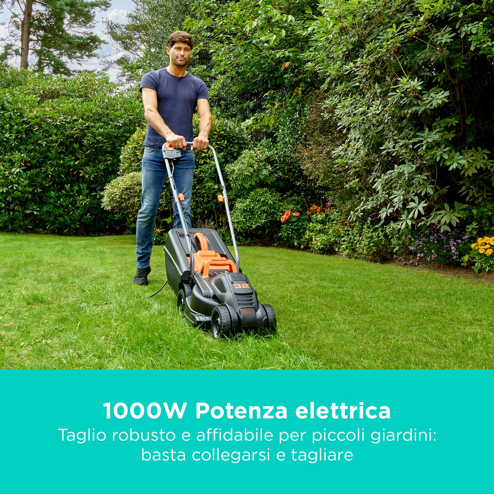 BLACK+DECKER BEMW351-QS 1000 W Larghezza Taglio 32 CM 3 Alt. Taglio 20-40-60 MM E-Drive CAPACITA' Cesto 30 L