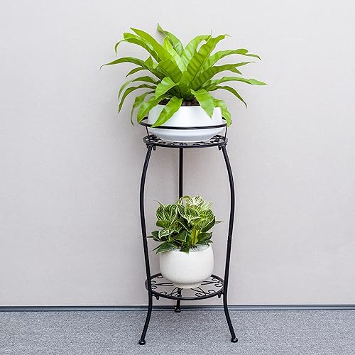 Miniatura 3 de FaithLand Paquete de 2 soportes de metal para plantas, soporte alto para macetas interiores y exteriores, estante redondo de 2 niveles para maceta,