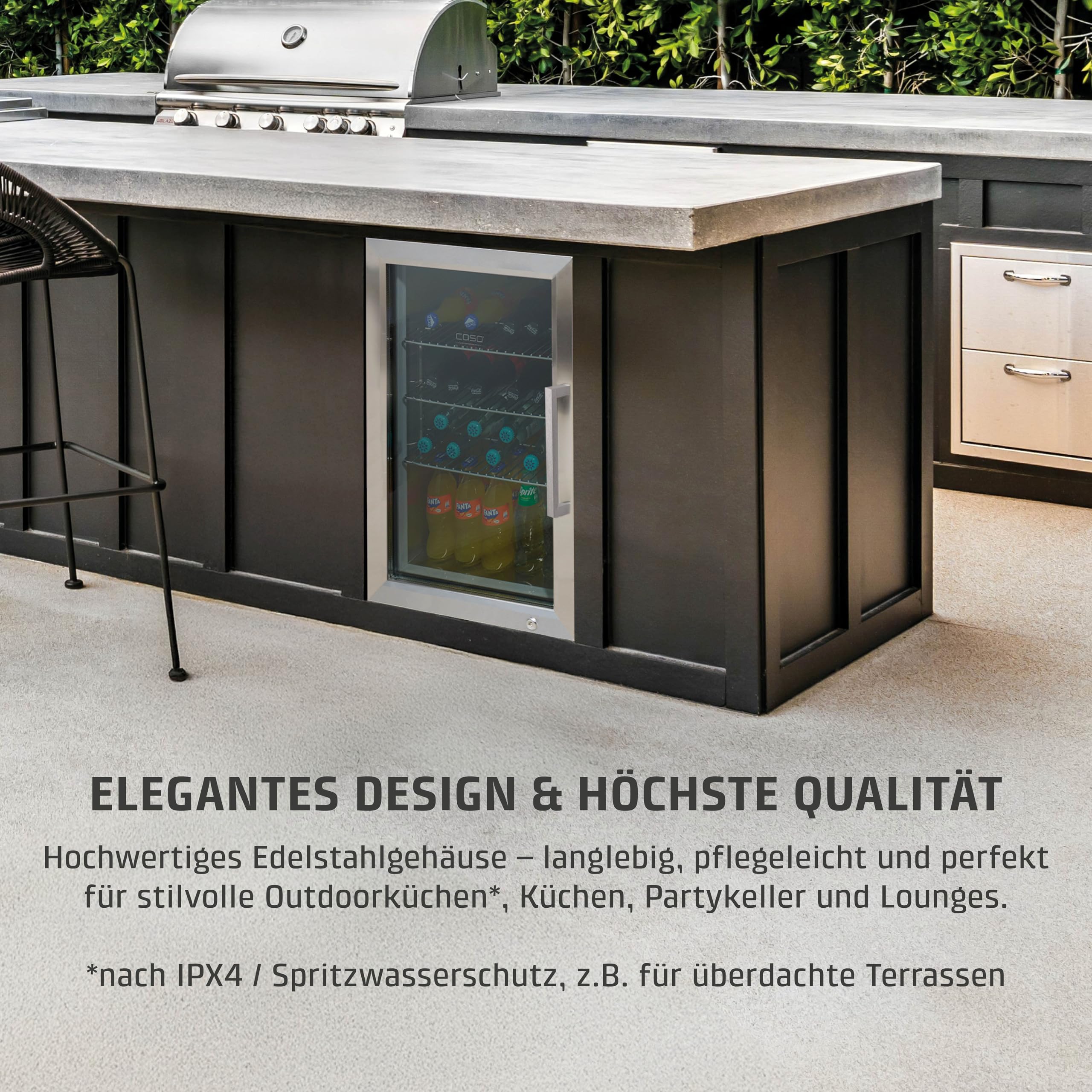 Caso BBQ Cooler S-L, Kühlschrank 63L, Türanschlag links, Temperatur -1-10°C, für Innen- und Außenbereich geeignet, IPX4/Spritzwasserschutz, Einbau geeignet, UV Sicherheistglas, abschließbar
