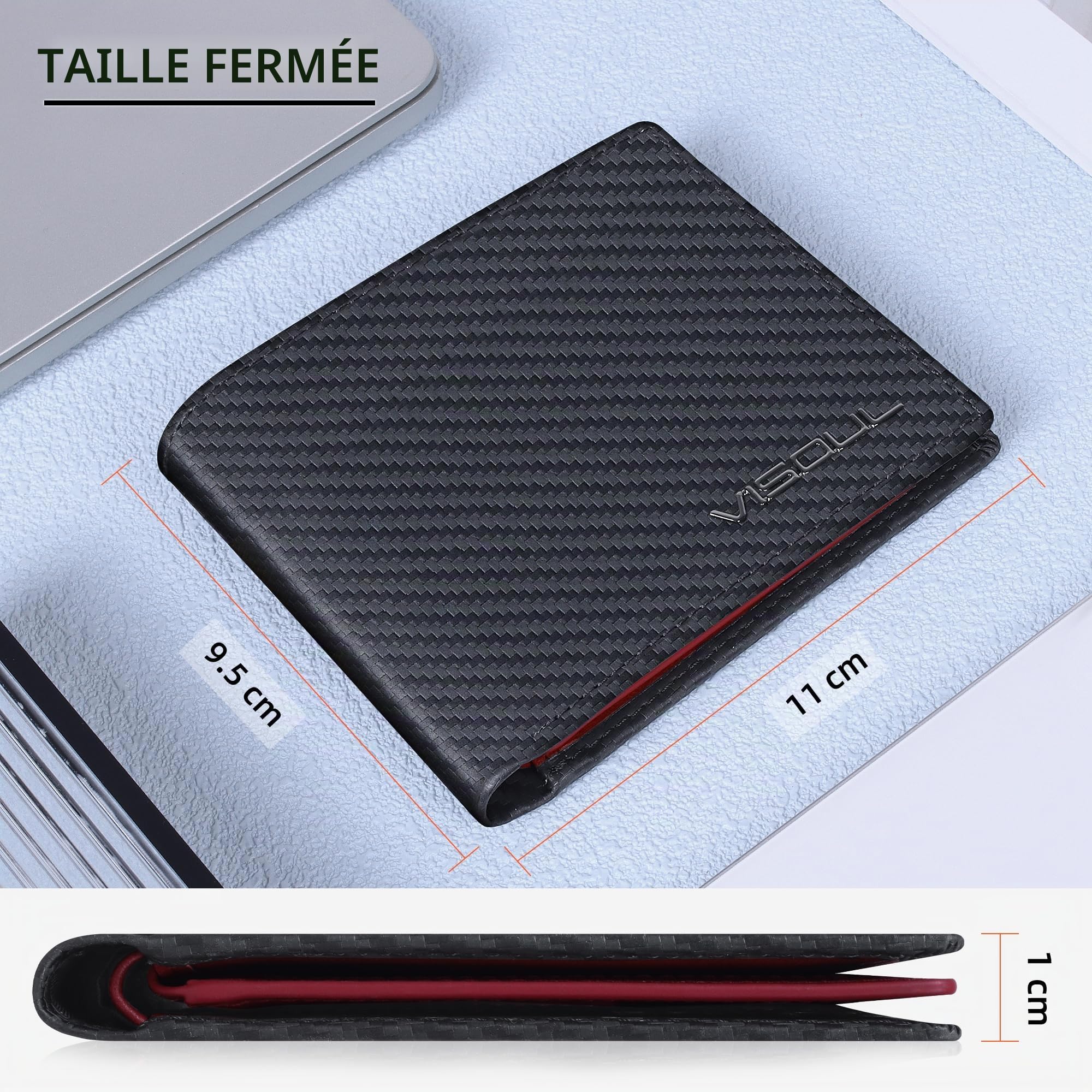 VISOUL Portefeuille Cuir Véritable pour Homme avec Blocage RFID, Classique Bifold Porte Feuille en Cuir avec 2 Compartiment à Billets, 10 Fente pour Carte et 2 ID Fenêtre (Carbone Noir+Rouge)
