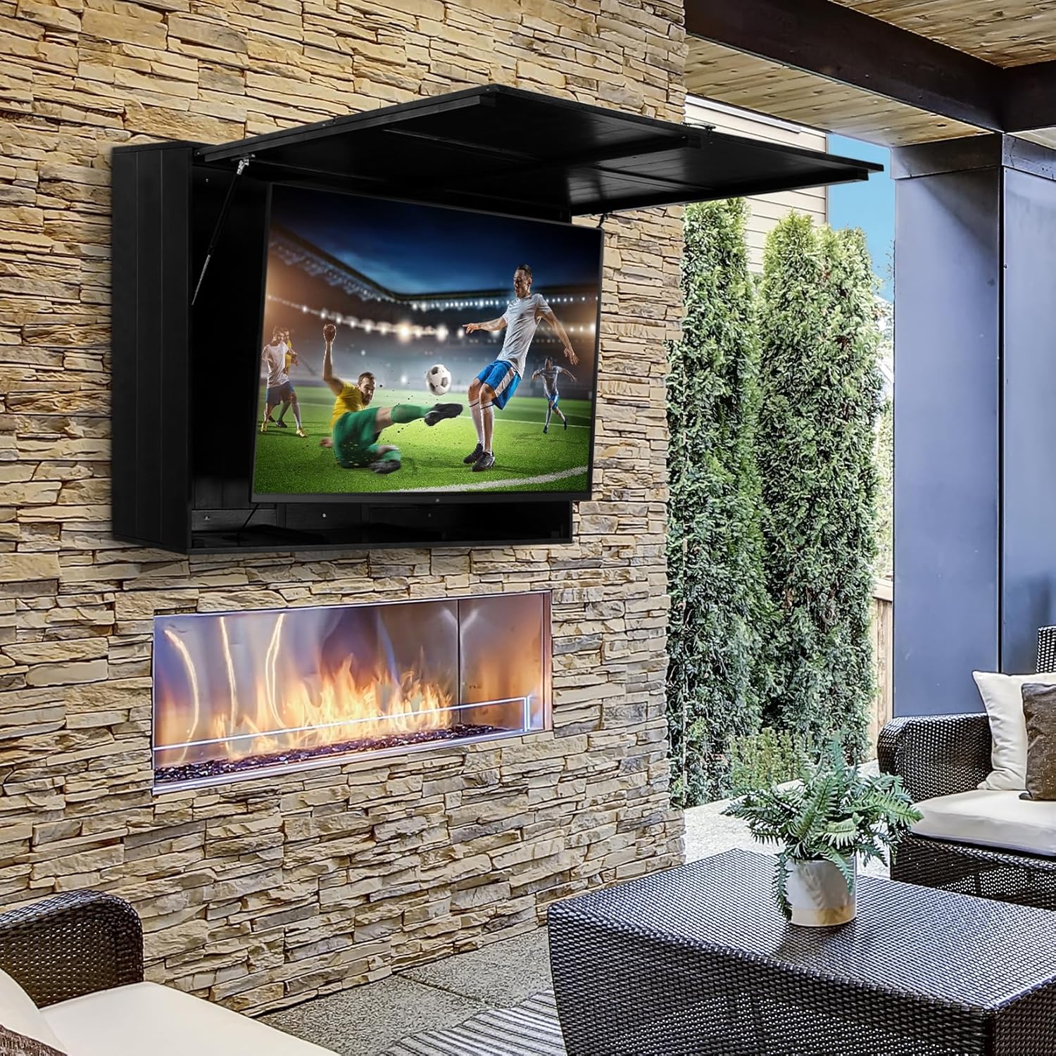 Coperat Outdoor TV Enclosure for 32‘’-55‘’TVs, Weatherproof Outdoor TV Hard Cover, Solid Wood Outdoor TV Case with TV Wall Mount Bracket, Up-Flip Door & 600D Oxford TV Cover