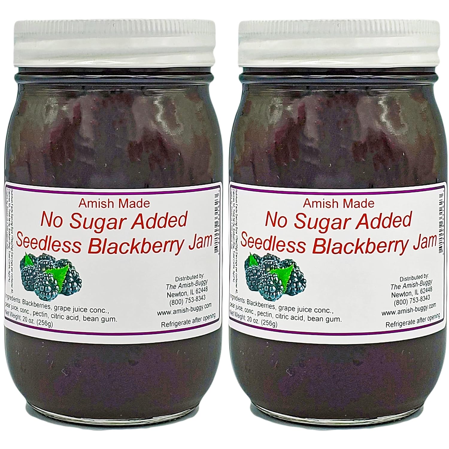 Amish Blackberry Jam - No Sugar Added - Two 16 Oz Jars