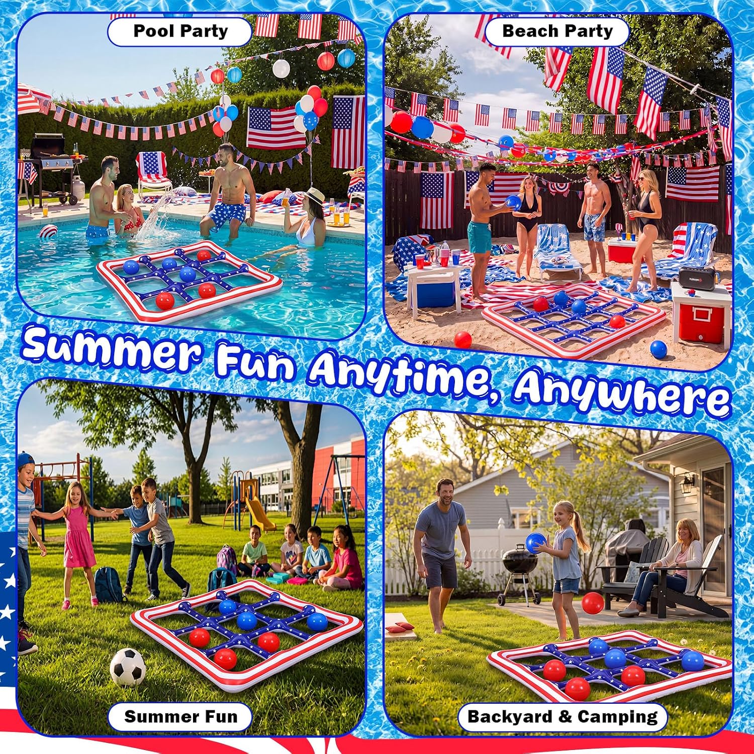 Hungdao Patriotic Pool Floats Tic Tac Toe Pool Toy Game Set with 10 Balls, Inflatable Outdoor Tic Tac Toe Games for Adults 250th Anniversary Summer Party, 2-10 Players
