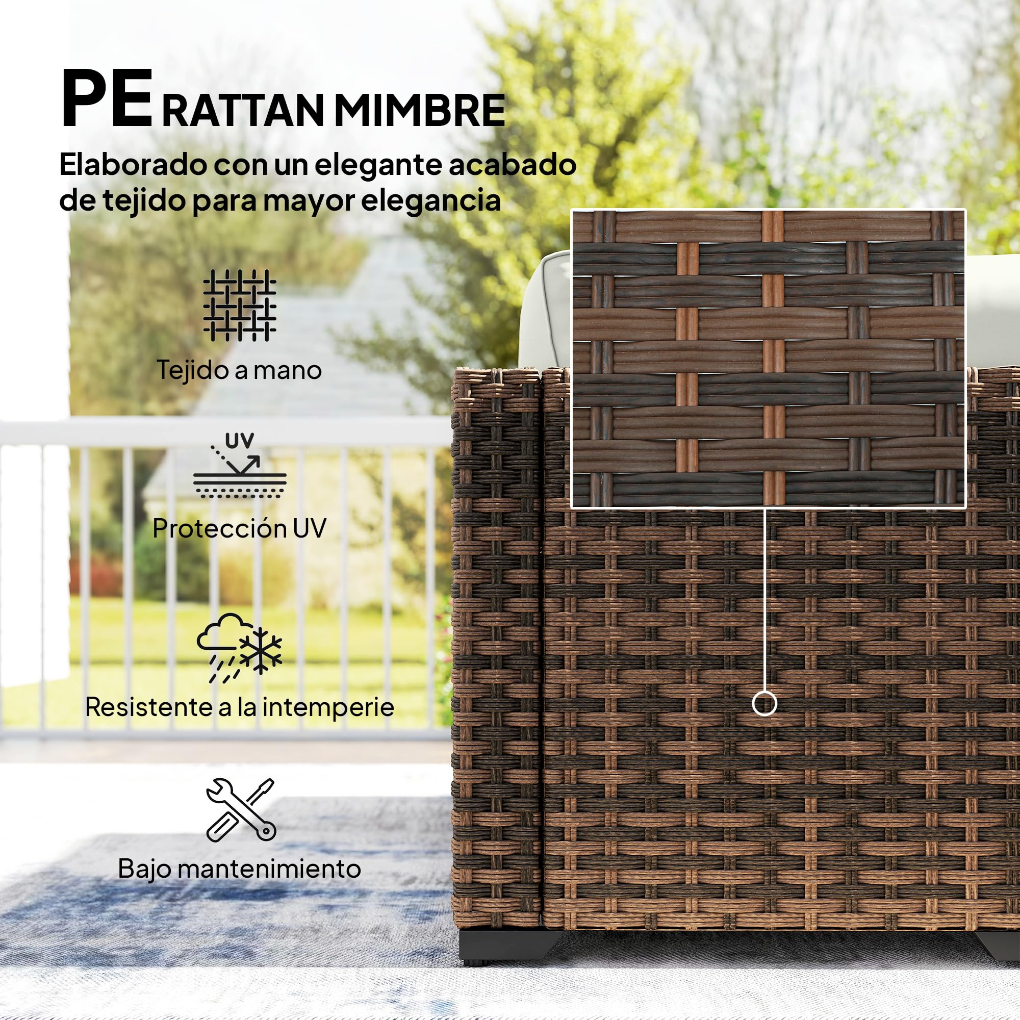Outsunny Conjunto de Jardín de Ratán de 6 Piezas, Conjunto Terraza Resistente, Muebles Jardín Exterior Incluye Cojines, 4 Módulos de Asiento, 1 Sofá Esquinero y Mesa Centro de Vidrio, Marrón Mixto