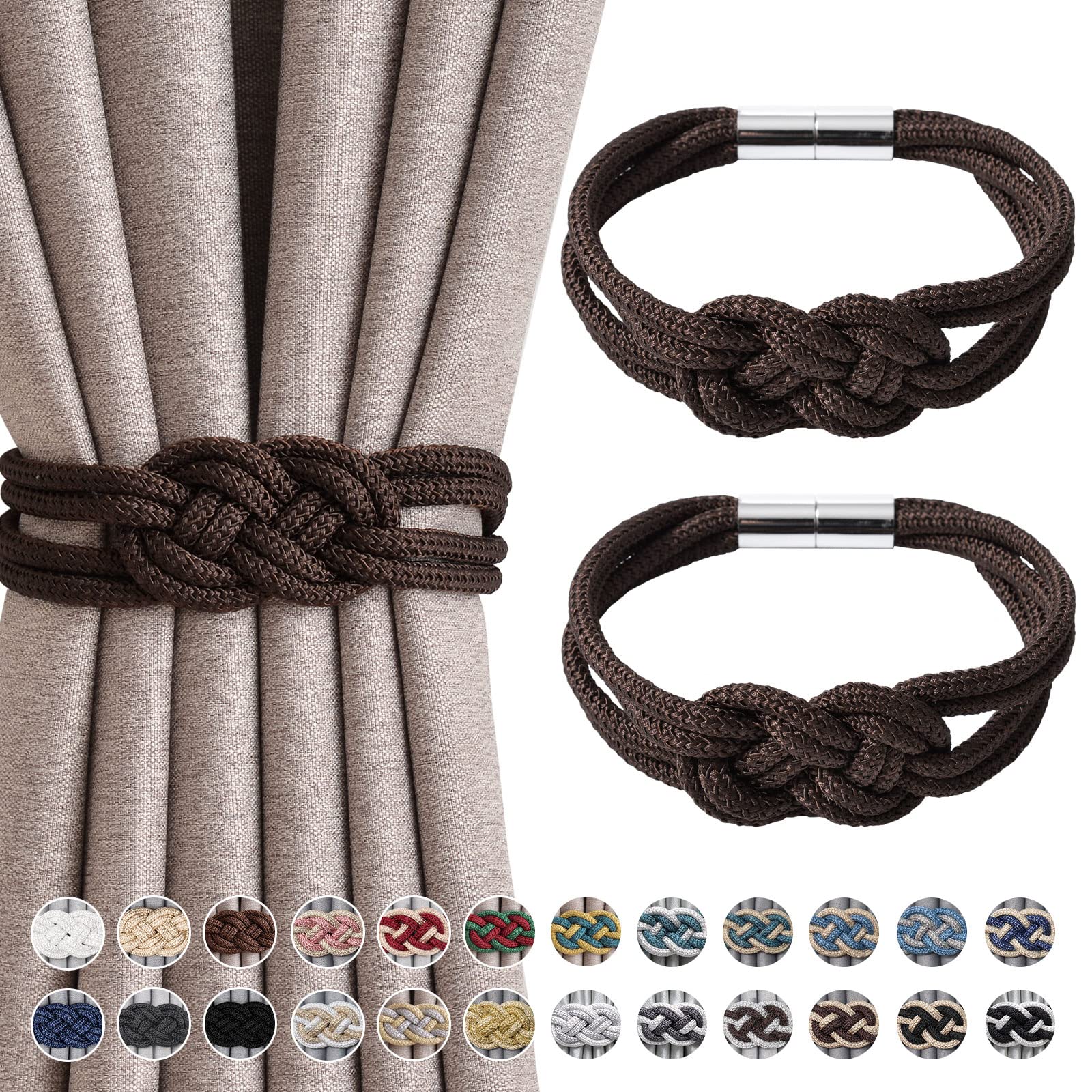NICEEC 2 Pack Strong Magnetic Curtain Tiebacks Upgrade Nordic Style Drape Tie Backs Double Color Weave Rope Knot Decorative Curtain Holdbacks for Home