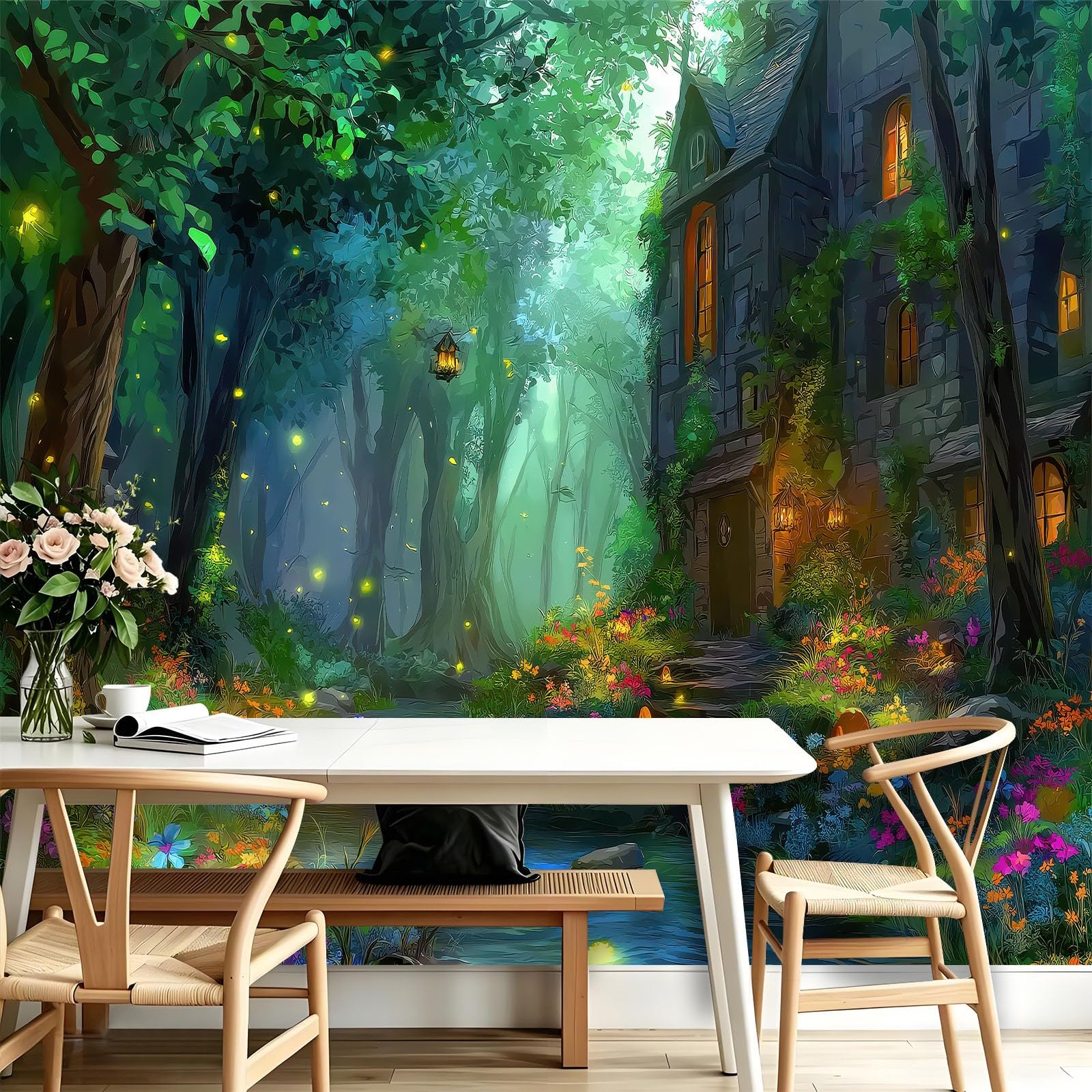 Générique Panoramiczna tapeta z włókniny 350 x 256 cm - kwiaty świetliki domowe, plakat ścienny z dżungli do salonu sypialni i biura - dekoracja ścienna 3D