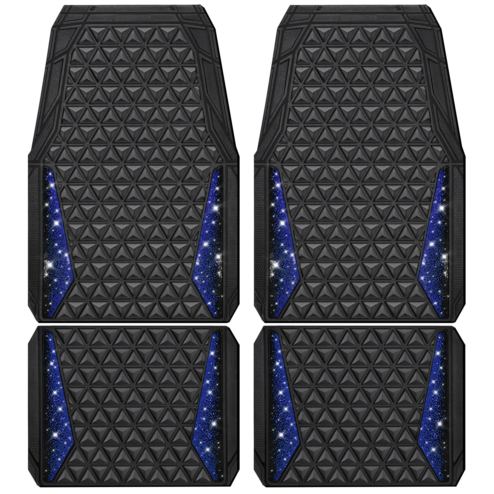 CAR PASS Bling Car Mats Diamond Rubber Floor Mats Full Set Anti-Slip 3D Rhombus Waterproof Trim to Fit Liner Universal Glitter Crystal Sparkly Shining Rhinestone Girl Women (Blue Diamond)