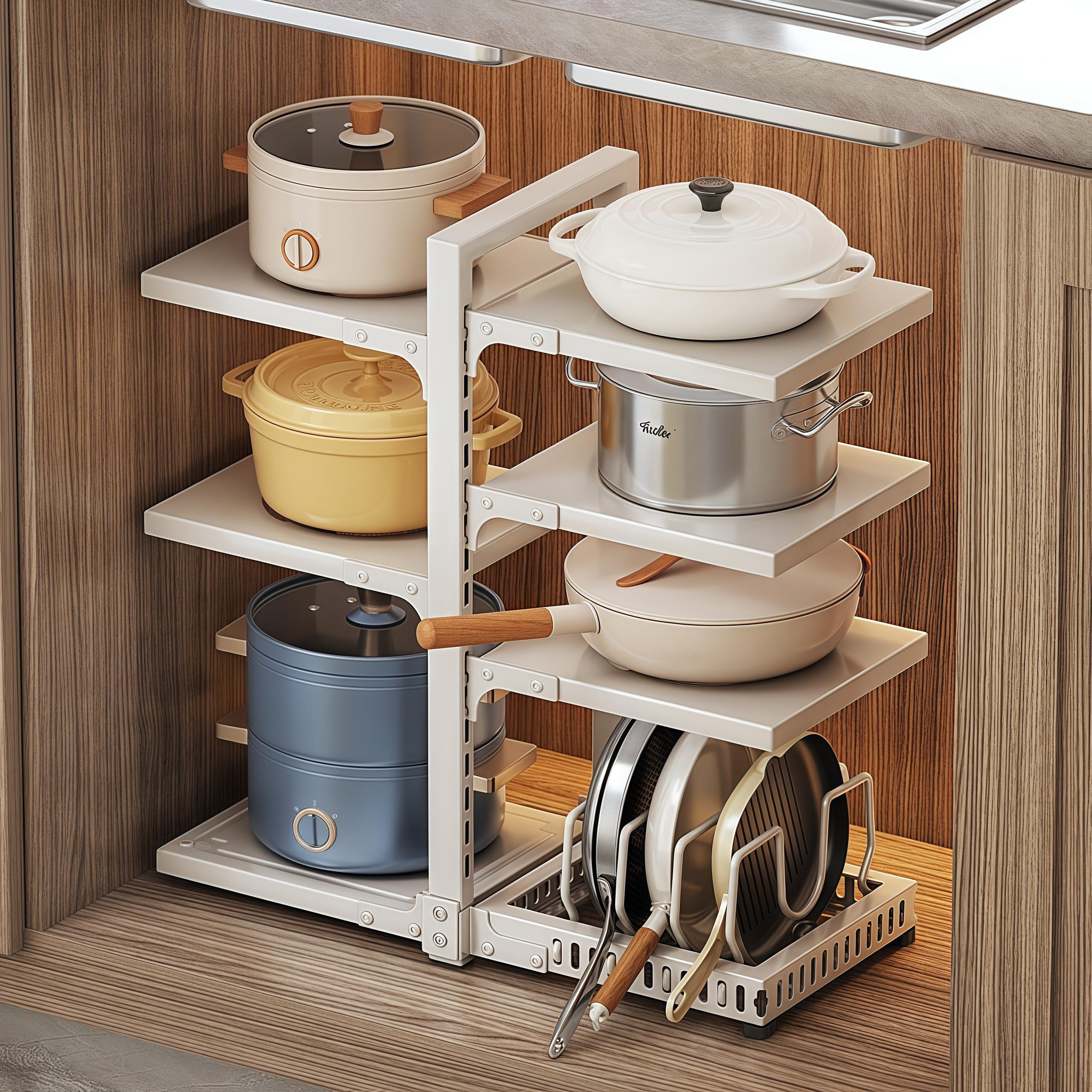 Töpfe Organizer für Schrank verstellbar Fächern Topf Pfannenhalter 4/5/7 Etagen Pfannen Organizer Pfannenständer mit Topfdeckelhalter für Küchenschrank (7 Etagen, Schwarz)