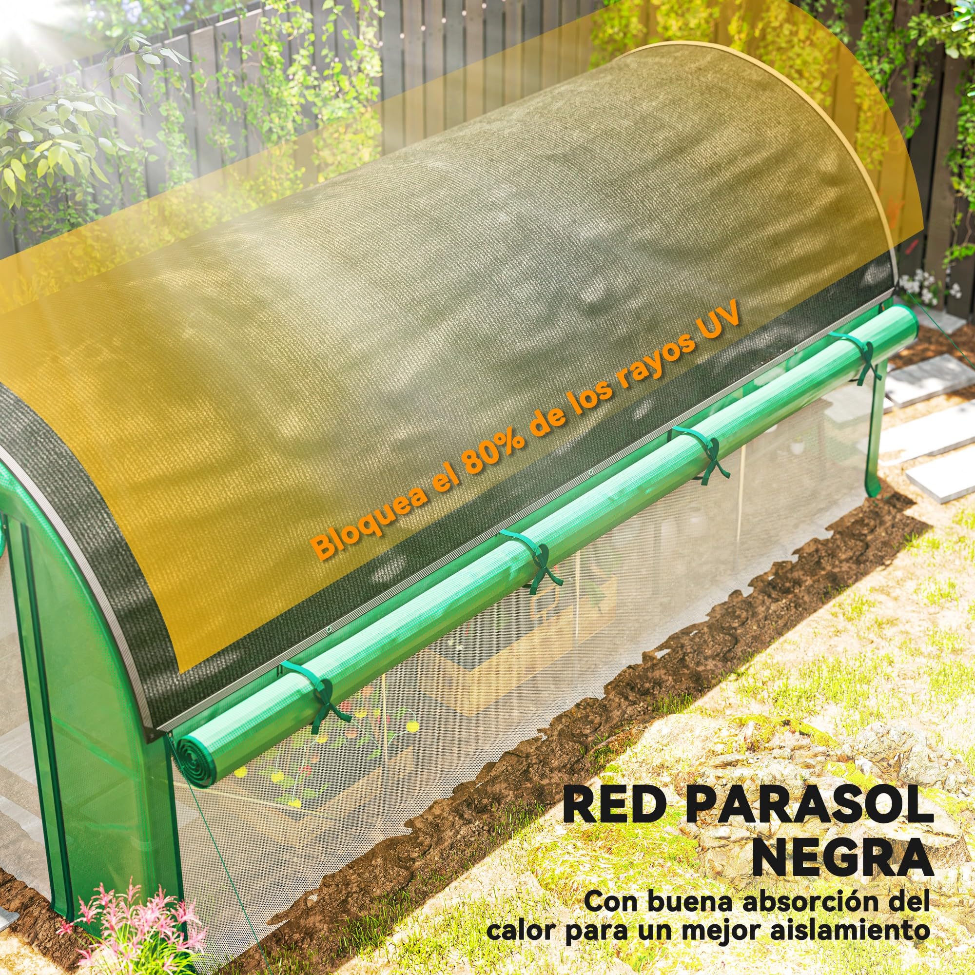 Outsunny Invernadero de Exterior 4,5x2x2 m con Cubierta Extra Túnel Verde | Paredes Laterales Enrollables, 8 Ventanas de Malla, Doble Puerta Enrollable, para Jardín Patio
