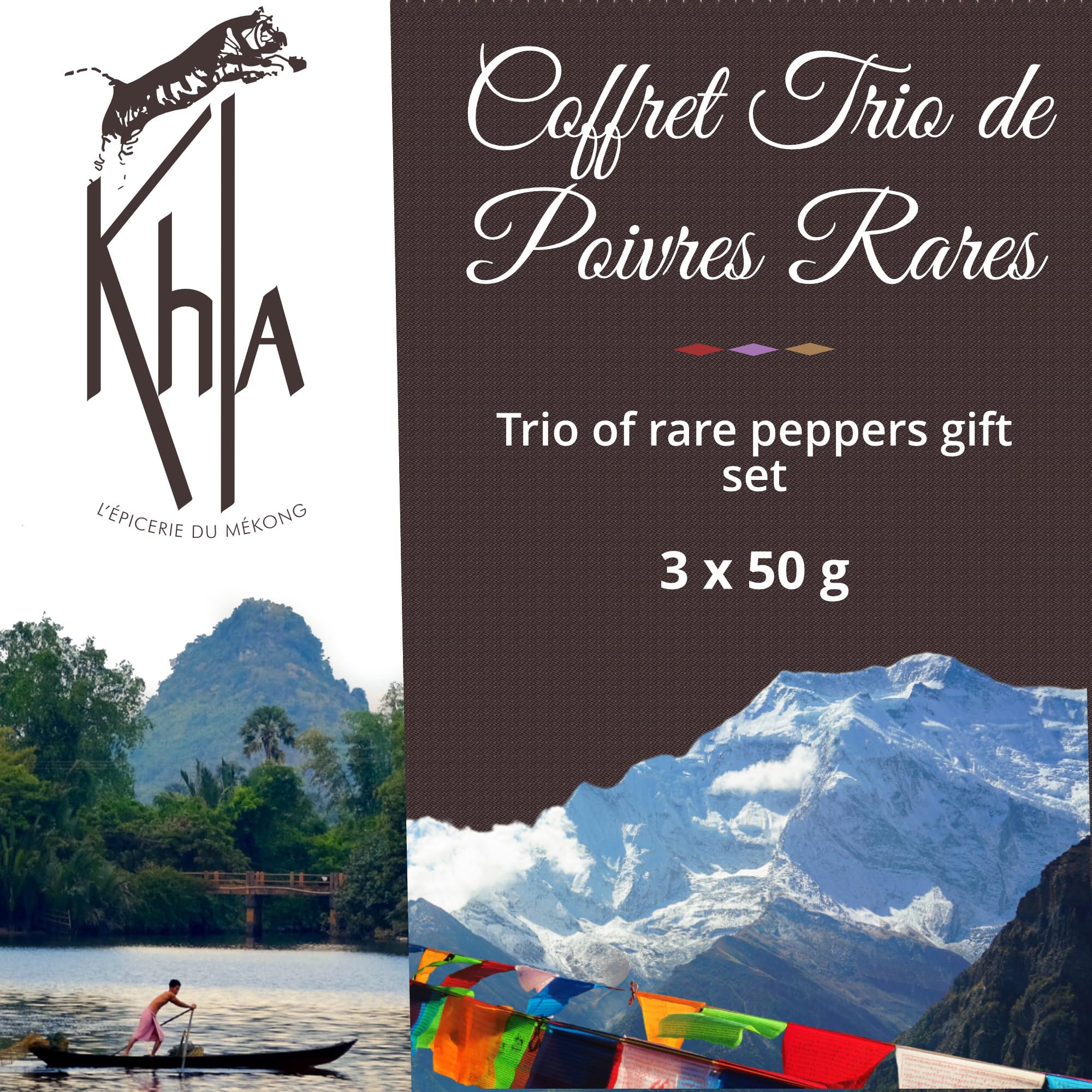 Khla - Coffret Trio de Poivres Rares - Sichuan & Timut - En Grains - Coffret Cadeau Cuisine - Baies Sichuan Rouge Vert - Épices Poivres du Monde - Recharge Moulin - Asie Chine Népal