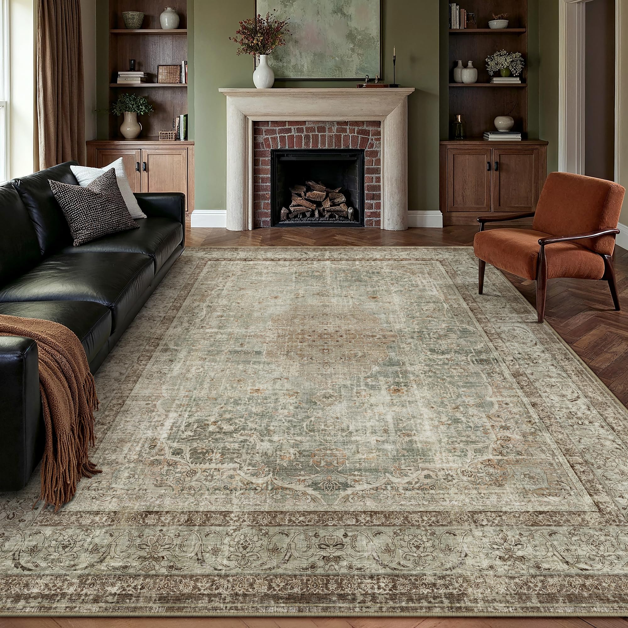 PureCozy Teppich Wohnzimmer 200x300cm Waschbarer Vintage Braun Wohnzimmerteppich kurzflor rutschfest Weich Groß Retro Carpet für Schlafzimmer Esszimmer Bedroom Büro Living Room