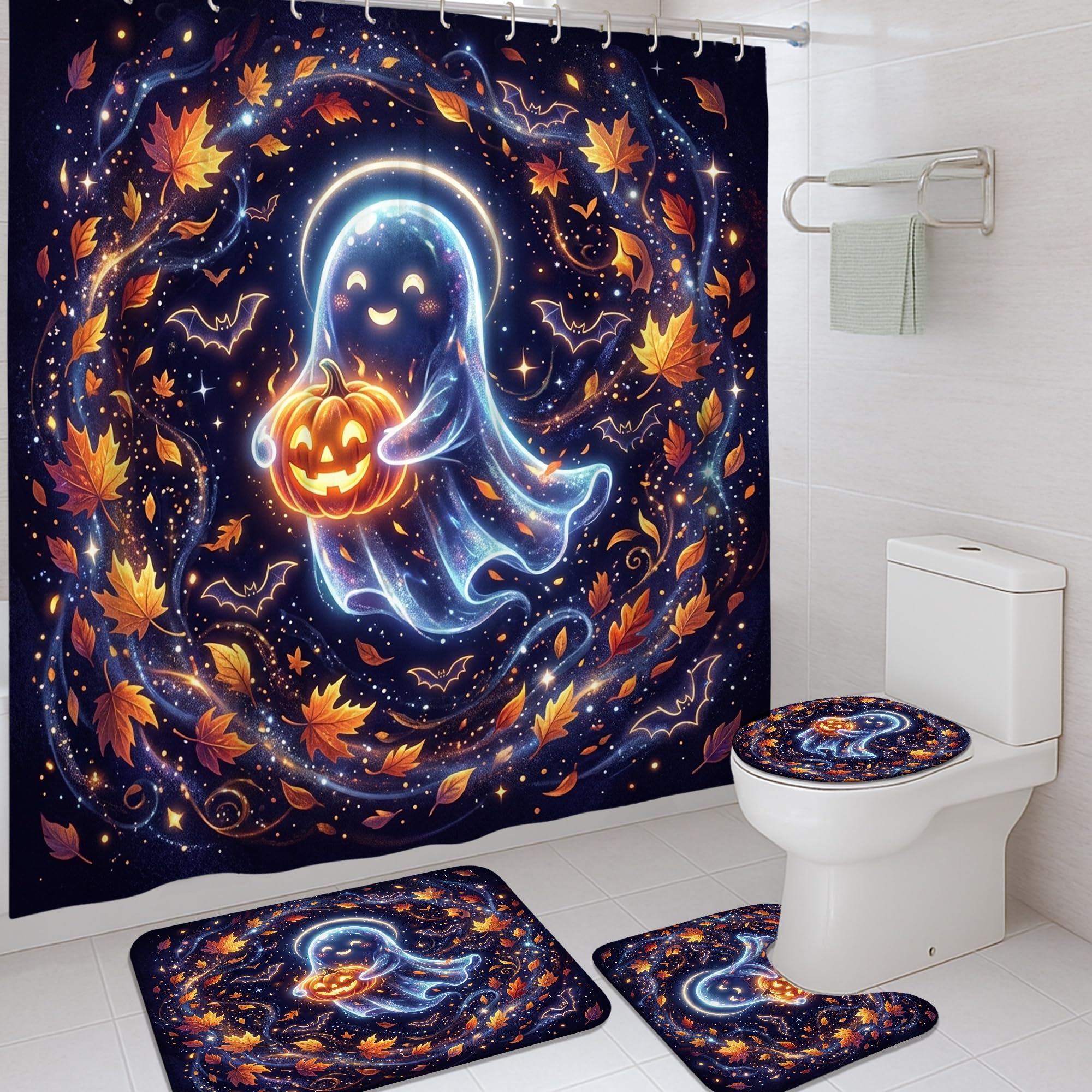 Rideau de douche fantômes et tapis d'Halloween en polyester imperméable
