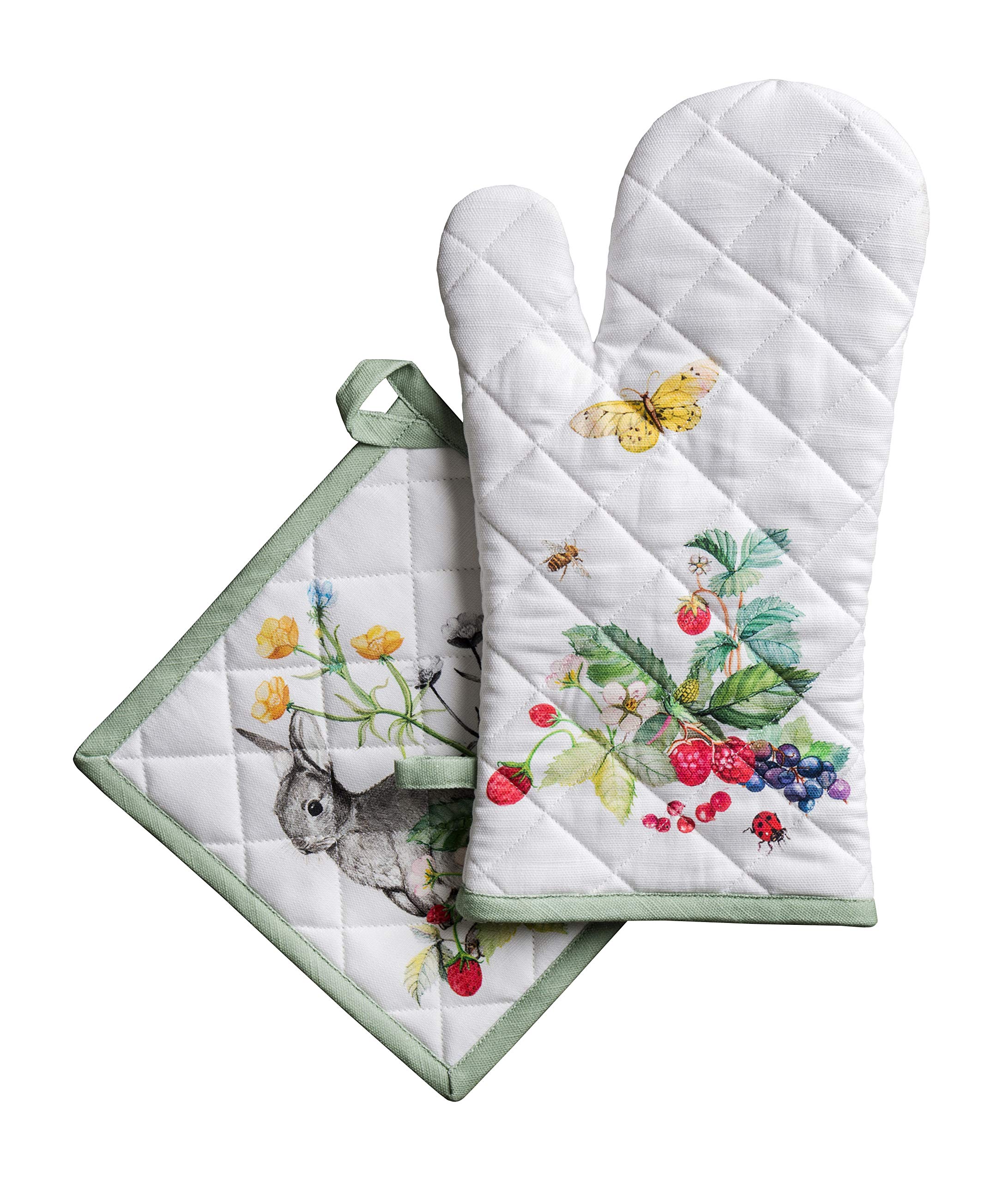Maison D' Hermine 002 - Printemps 100% Cotton Oven Mitt & Pot Holder Set (19 X 33 Cm & 20 X 20 Cm) Heat Resistant Bbq Cooking Gloves With Loop For Baking Handling Hot Pans Spring Summer (Printemps)
