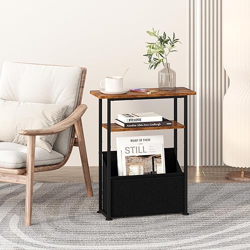 Miniatura 6 de Yusong Mesa auxiliar estrecha para espacios pequeños, mesa auxiliar delgada con cesta de almacenamiento, sofá delgado de 3 niveles, mesita de noche