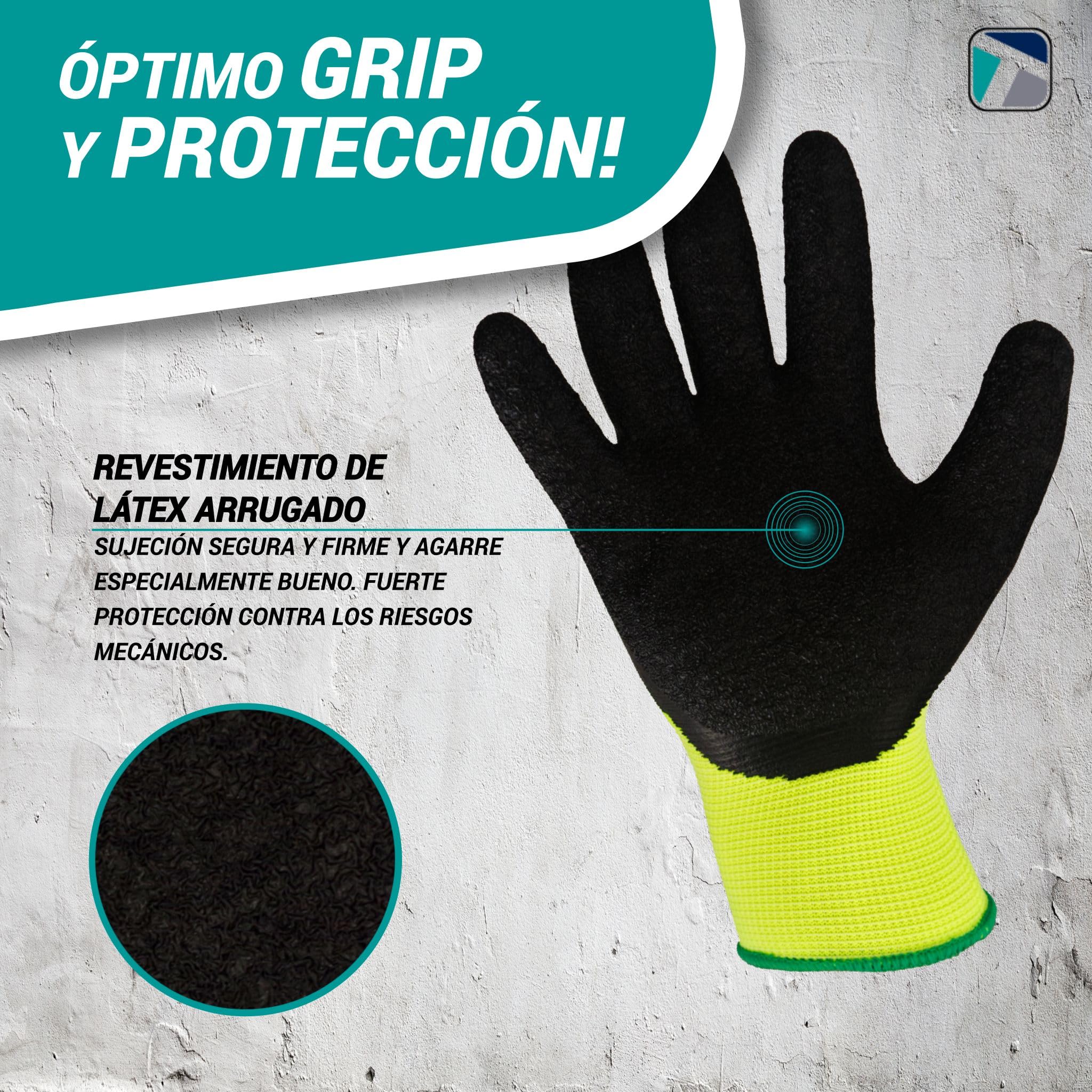 Trevendo 60 pares de guantes de trabajo - guantes de montaje amarillo neón con revestimiento de látex (talla 8)