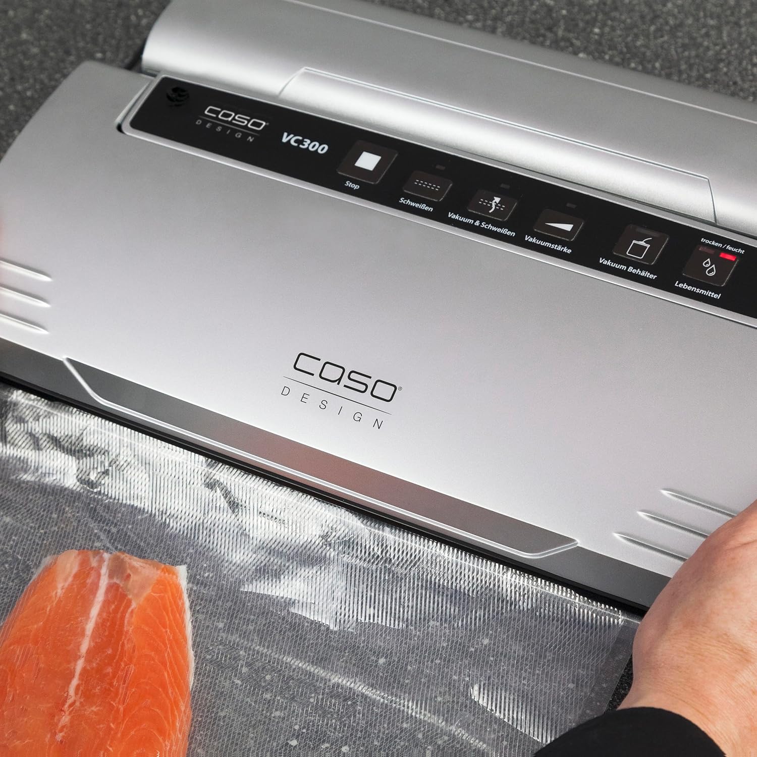Control panel of the Caso VC 300 Pro Vacuum Sealer with various buttons and indicators.