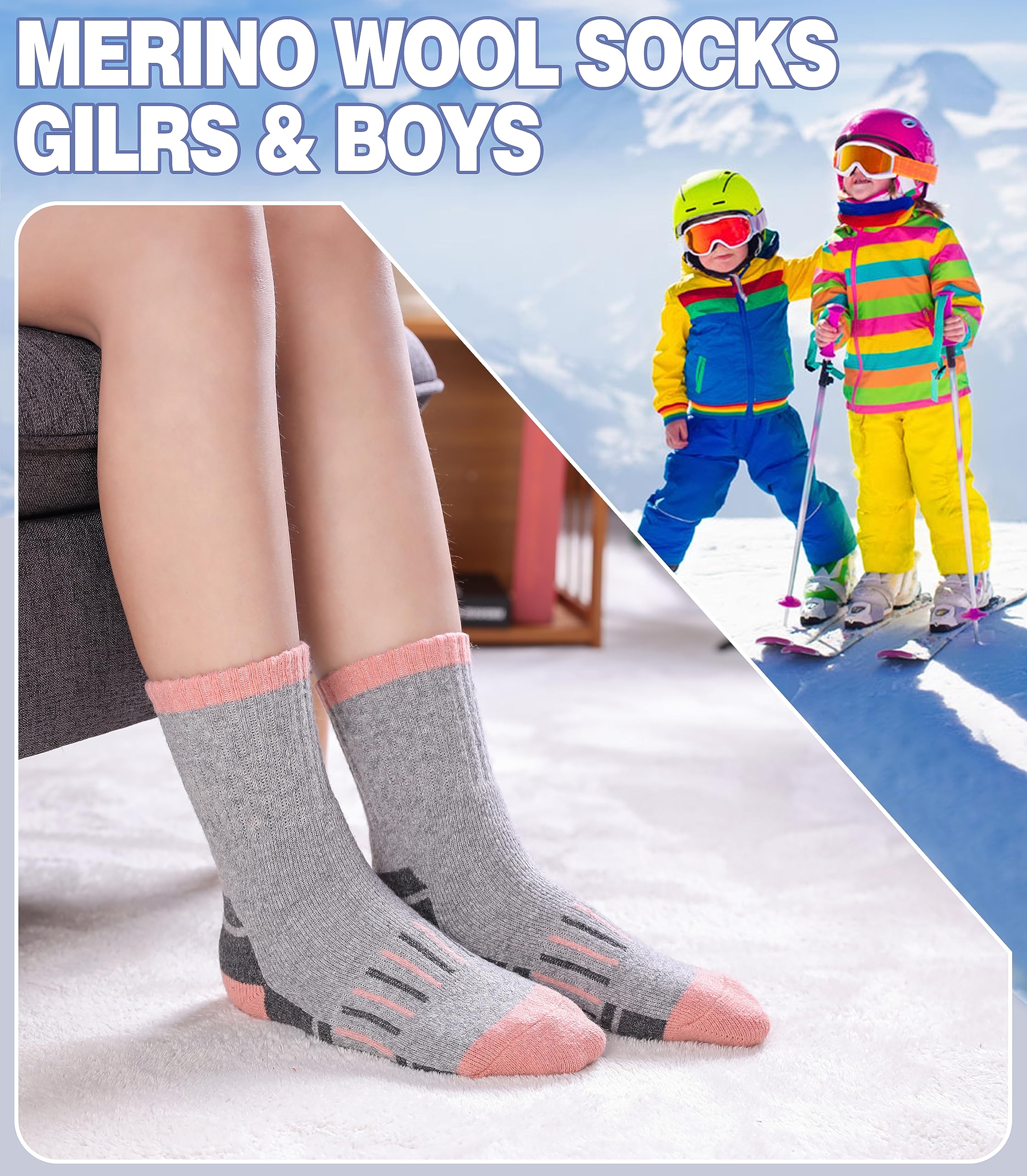 Calcetines de senderismo de lana merino para niños y niñas, calcetines cálidos de invierno con almohadilla térmica gruesa, regalo de 6 pares