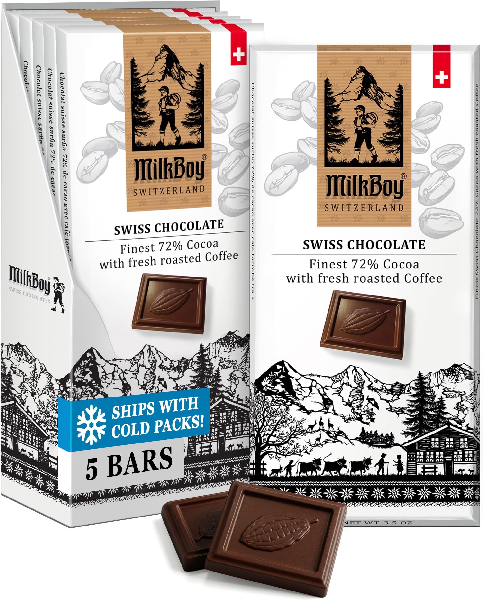 Milkboy Swiss Chocolates Dark Chocolates with Coffee - 72% Cocoa - Gourmet Dark Chocolate Bars - Made in Switzerland - Gluten Free - Sustainably Farmed - Non GMO - Vegan - 3 oz, Pack 5