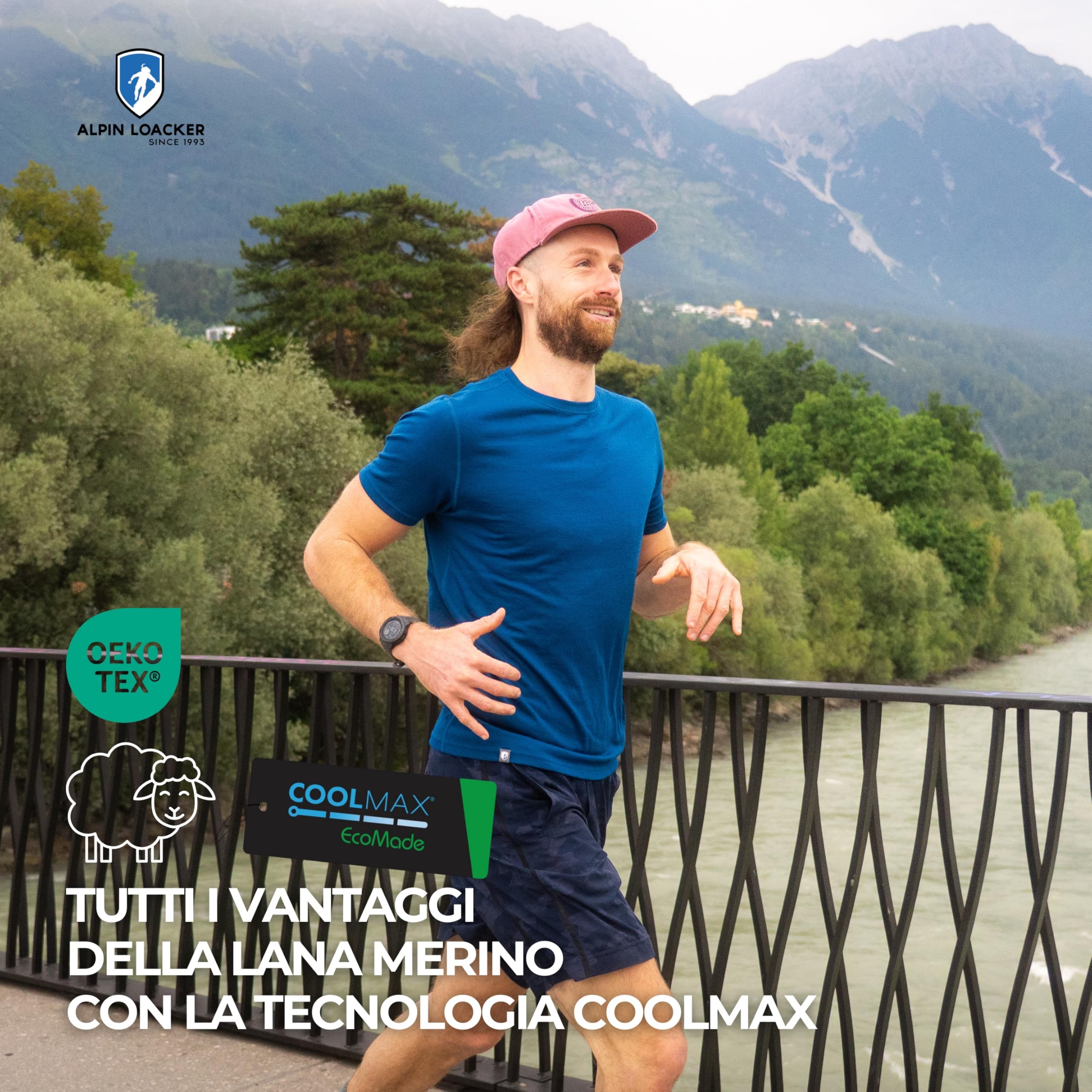 ALPIN LOACKER Coolmax - Maglietta da Uomo in Lana Merino a Maniche Corte, 150 g/m2, Anti-Sudore, Traspirante