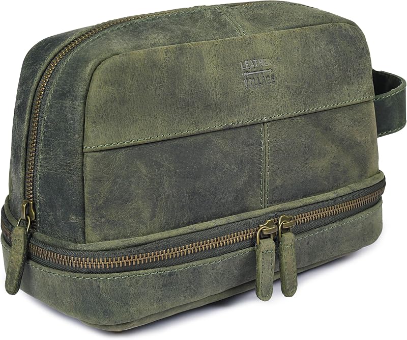 Necessaire de viagem LEATHER VILLAGE em couro, com dois zíperes, Olive