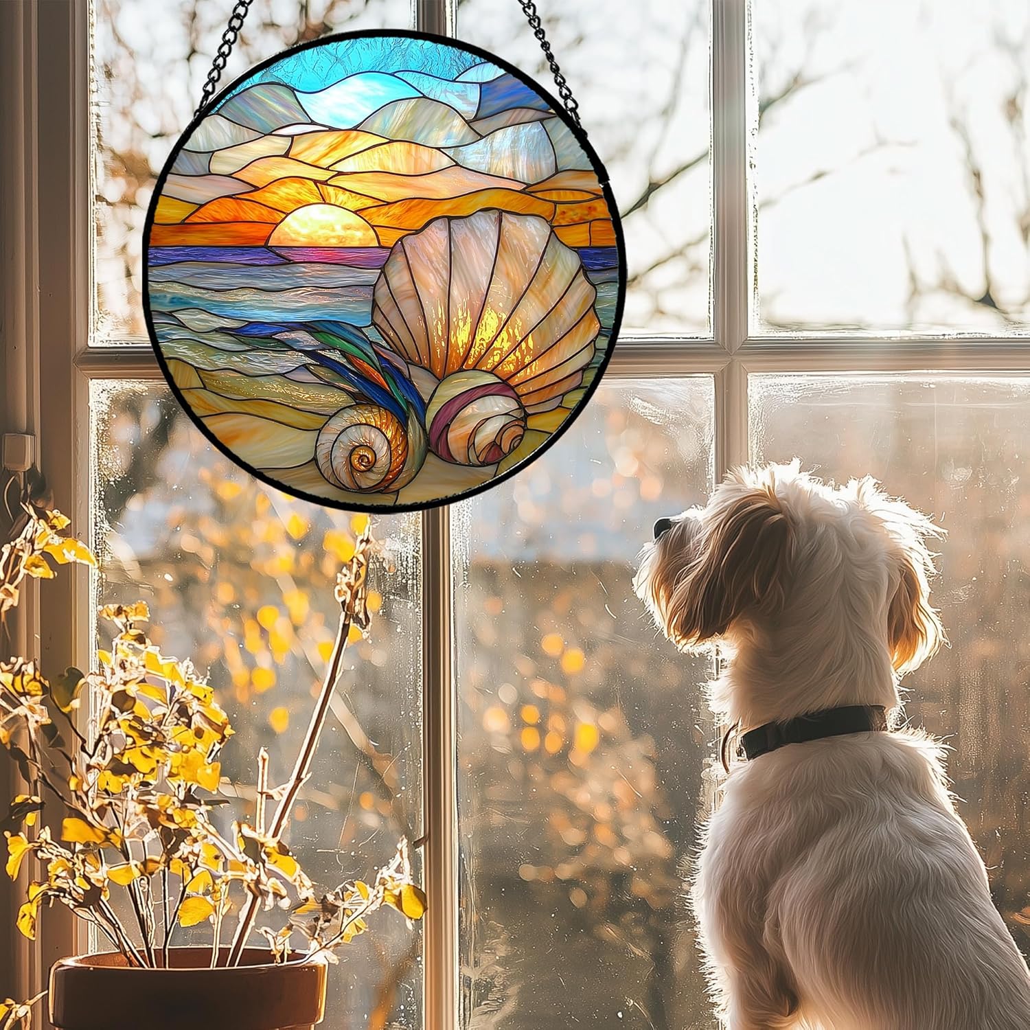 Stained Glass Window Hanging - Colorful Beach Shells Conch Sun Catcher for Door Home Decor Ocean Suncatcher Christmas Mother's Day Birthday Sea Lover Gifts for Women Men Mom Nana 7.8 in - Image 2