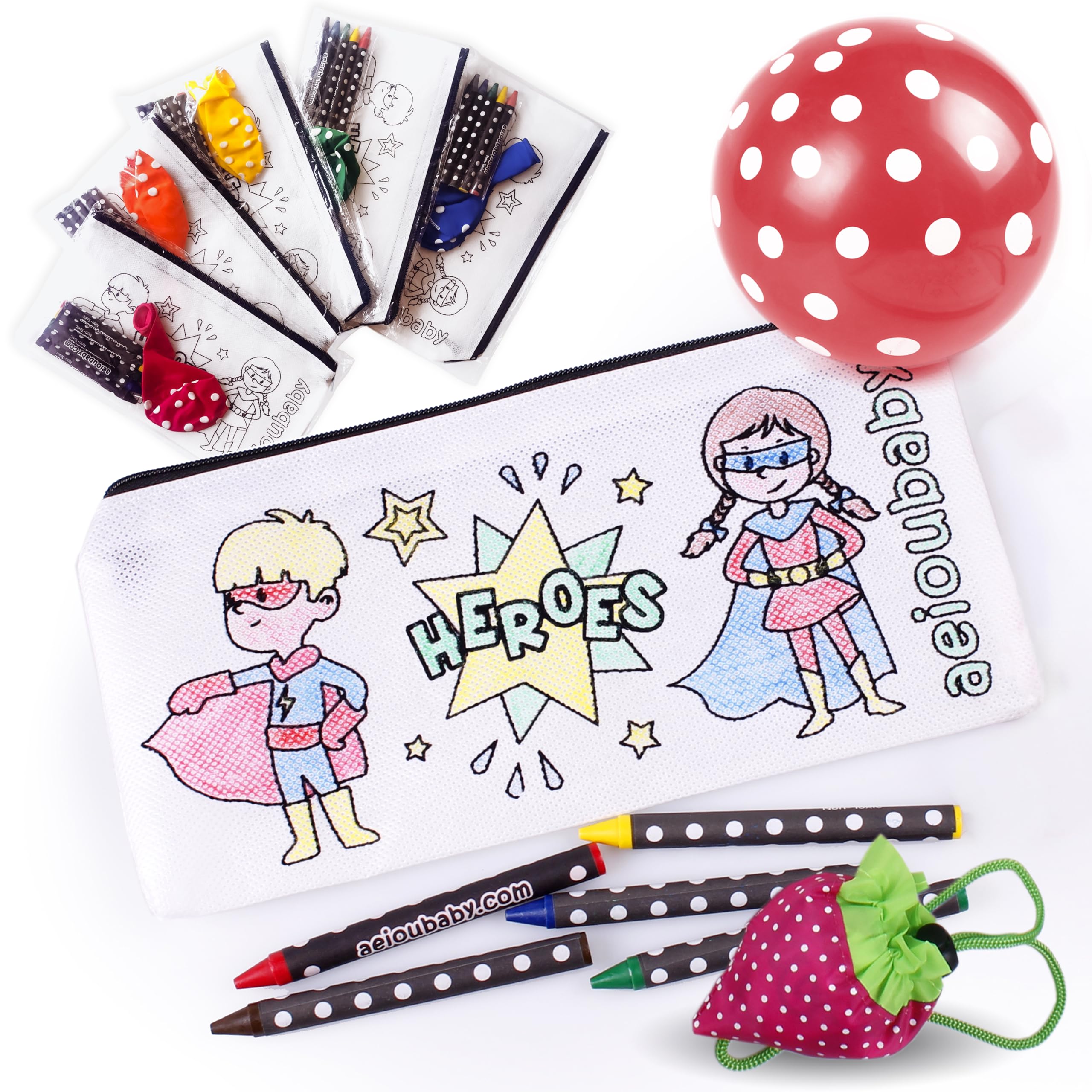 aeioubaby.com 25 Pencil Cases Color Your Own + Reusable Bag | 25 Individual Bags, 5 Coloured Crayons and Balloon | Children's Gift for Parties and Birthdays (Heroes)