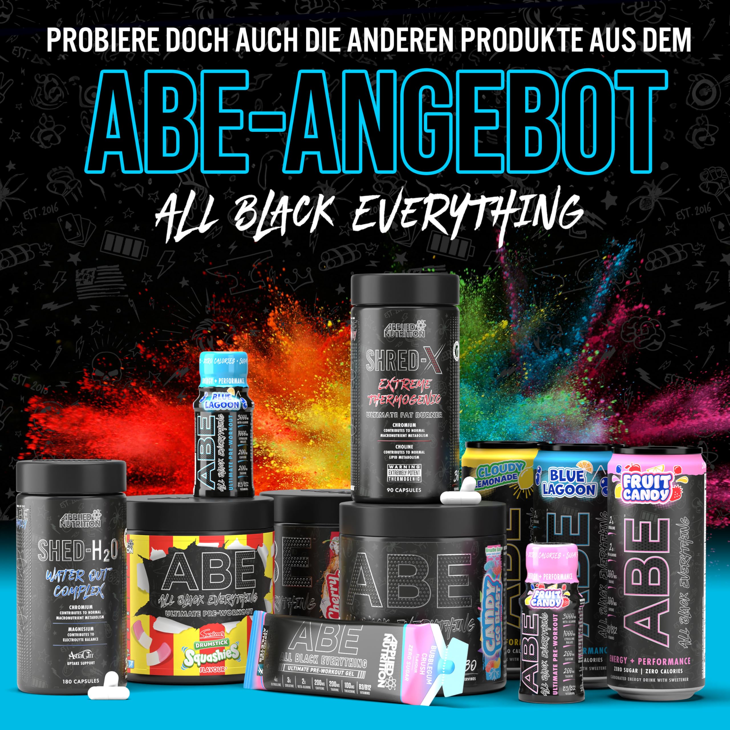 Applied Nutrition Abe Pre Workout Shot - All Black Everything Booster Pre Workout Energie Shots, Physische Leistung durch Citrullin, Beta Alanin, Koffein (12 Shot (Multipack), Energy Flavour)