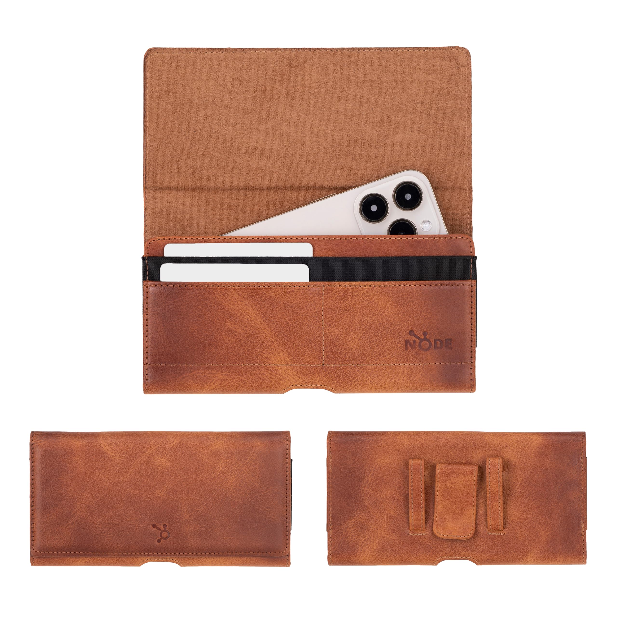 Node Leather Genuine Cowhide Leather Phone Holster, Leather Pouch Case, Up to 6.1" Phones, Compatible with iPhone 15/15 Pro, iPhone 14/14 Pro, iPhone