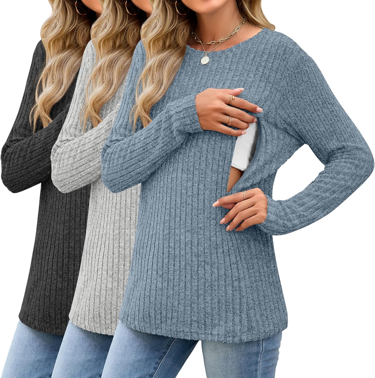 Sweetyweee 3 Pack Women's Nursing Tops Breastfeeding Shirts Long Sleeve Maternity Ribbed Sweaters with Hidden Zipper