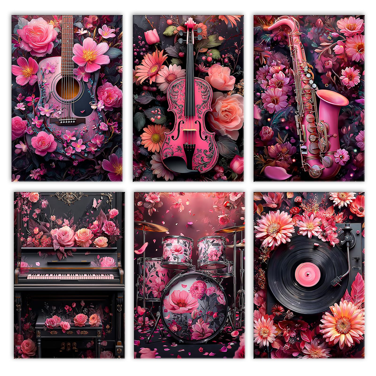 Aihonmin Musical Equipment 6 Pack Paint by Numbers for Adults Beginner Floral Music Oil Painting Kits on Canvas with Brushes Acrylic Painting DIY Paintwork Home Decor Gifts 8×11.8 Inch (Frameless)