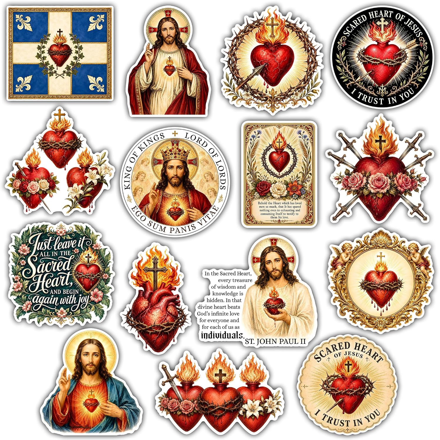 VOTANTA (15 Pcs, 3 inch) - Sacred Heart of Jesus Stickers Pack, Christian Catholic Holy Family JMJ Immaculate Heart of Mary Sticker, Religious Faith Gifts Decoration for Laptops, Phones, Water Bottles