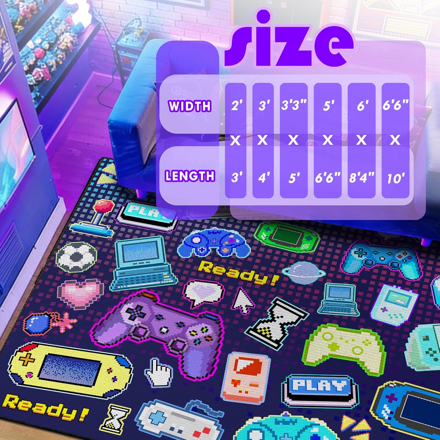 2x3 Game Controller Mat Gamepad with Keyboard Design for Playroom, Pixel Gaming Play Rug for Bedroom, Fun Gamer Art Décor for Game Lover Washable Carpet