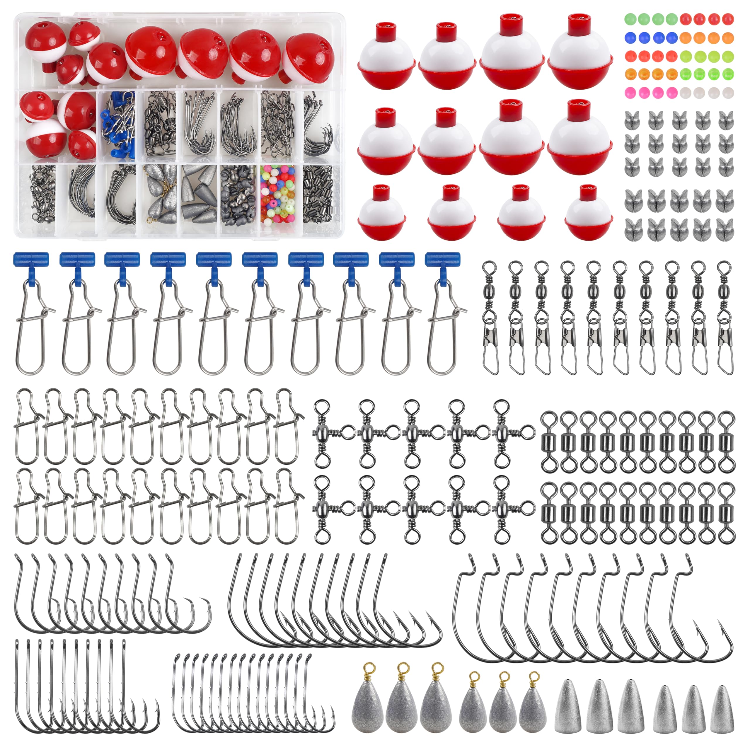 Fishing Hooks Bobbers Tackle Kit 214pcs Beginngers Equipment Include Baitholder Circle Fishing Hooks Bobber Floats Sinker Weights Swivel Snaps Fishing