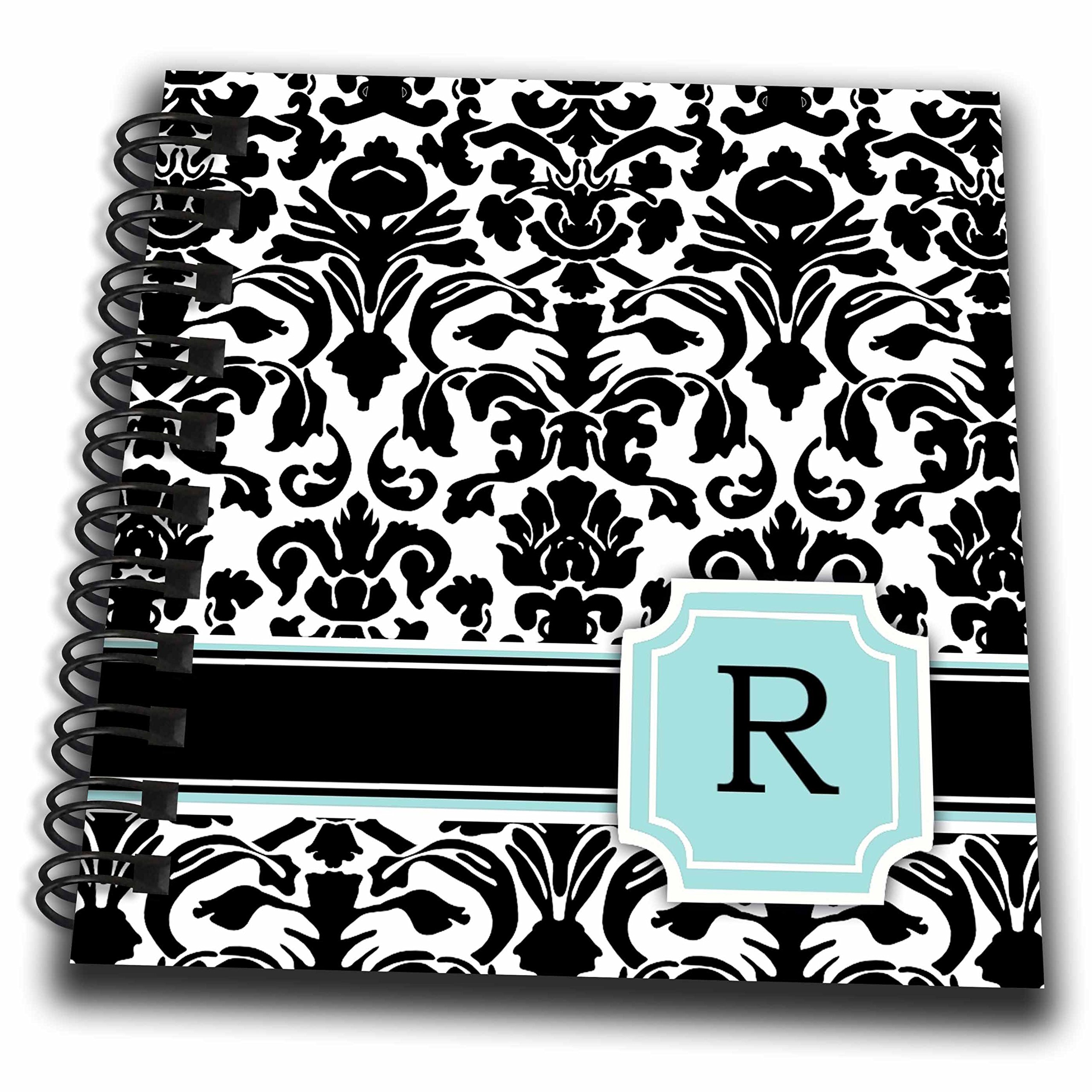 3dRosedb_154367_3 Letter R Personal Monogrammed Mint Blue Black and White Damask Pattern Classy Personalized Initial Mini Notepad, 4 by 4"