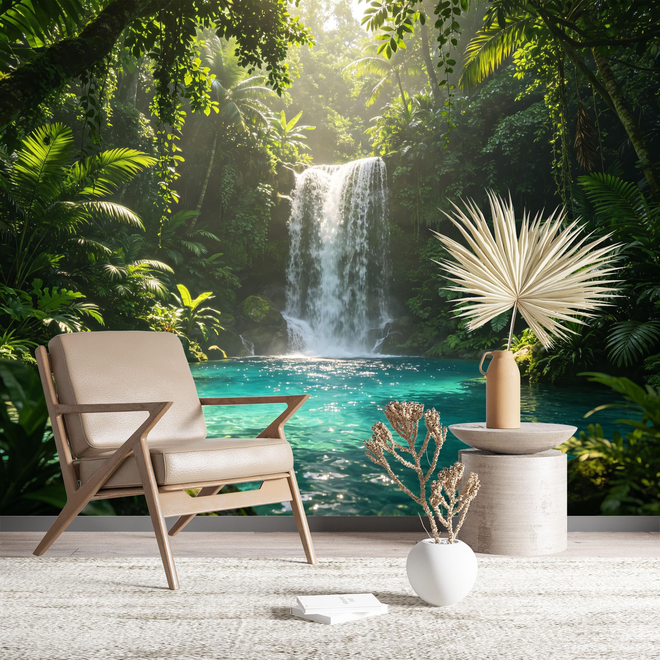 Custom Size Wall Murals Waterfall in Lush Rainforest Wall Stickers Self-Adhesive Wall Fabric (NO PVC) Removable Wallpaper for Living Room Home Decor